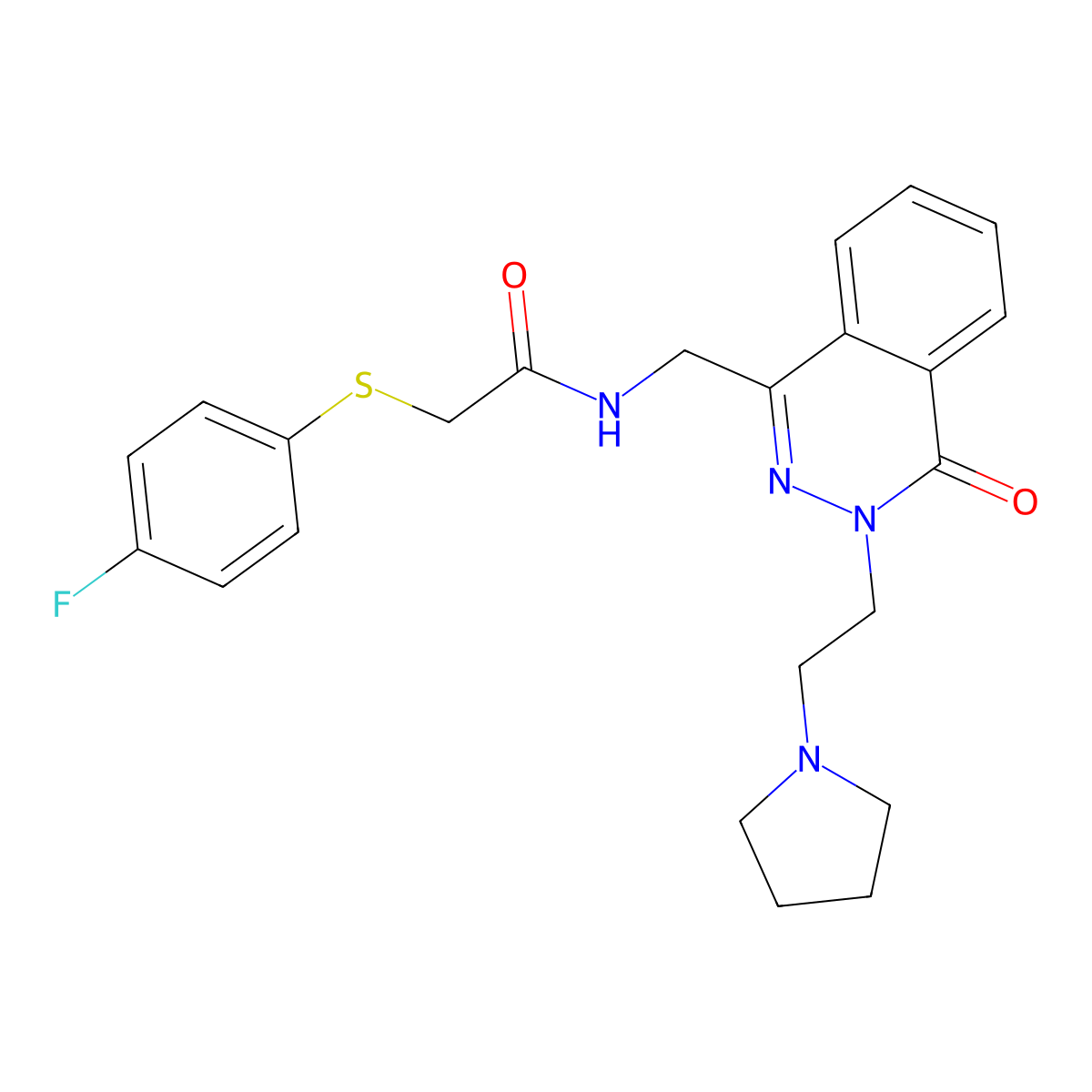 2-((4-fluorophenyl)thio)-N-((4-oxo-3-(2-(pyrrolidin-1-yl)ethyl)-3,4-dihydrophthalazin-1-yl)methyl)acetamide molecular structure, CAS 1448133-97-8