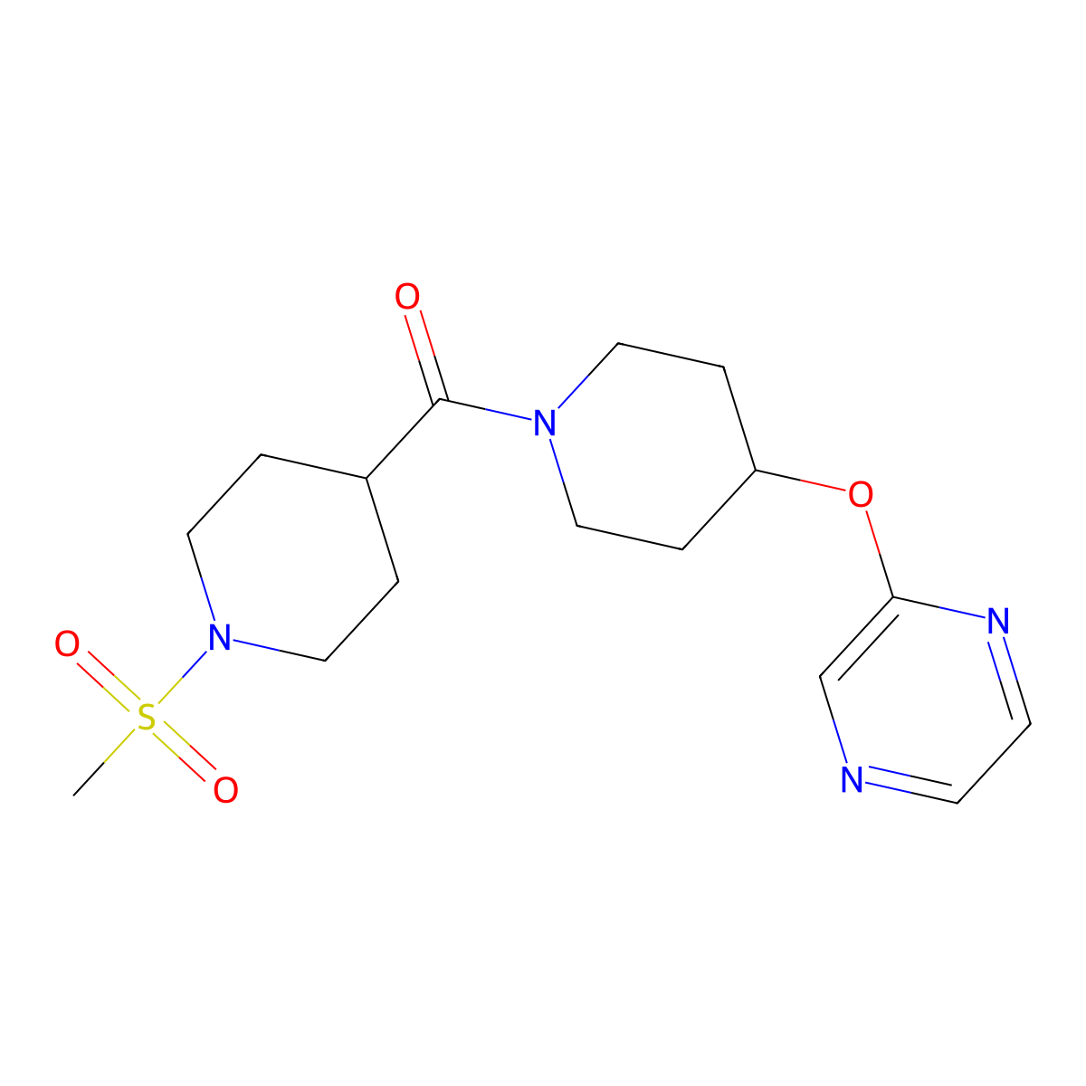 (1-(Methylsulfonyl)piperidin-4-yl)(4-(pyrazin-2-yloxy)piperidin-1-yl)methanone molecular structure, CAS 1448134-15-3