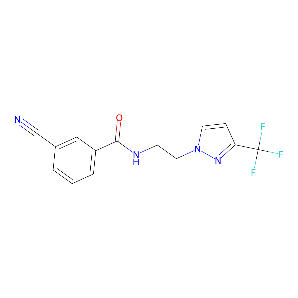 3-cyano-N-{2-[3-(trifluoromethyl)-1H-pyrazol-1-yl]ethyl}benzamide molecular structure, CAS 1448134-20-0