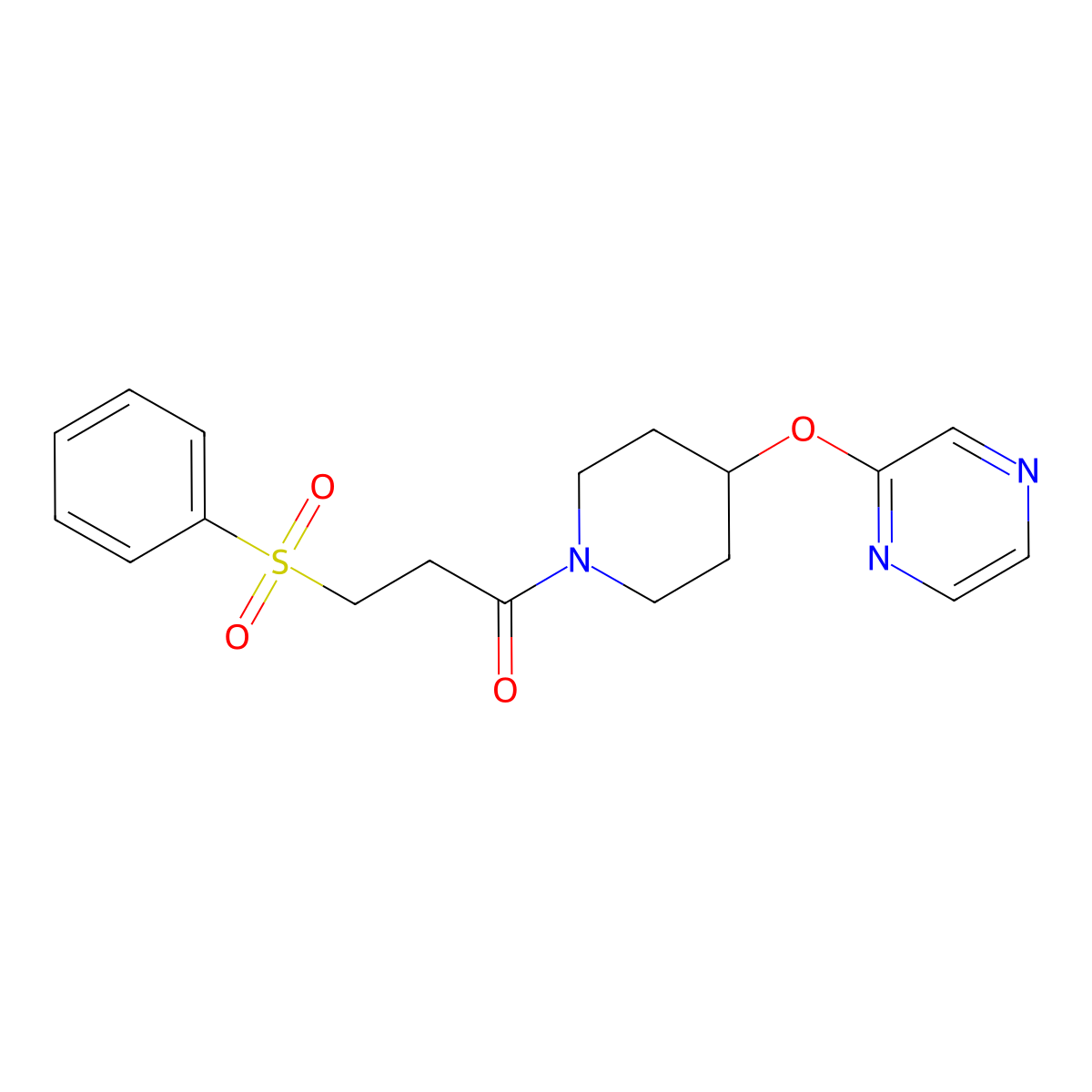 3-(Phenylsulfonyl)-1-(4-(pyrazin-2-yloxy)piperidin-1-yl)propan-1-one molecular structure, CAS 1448134-31-3