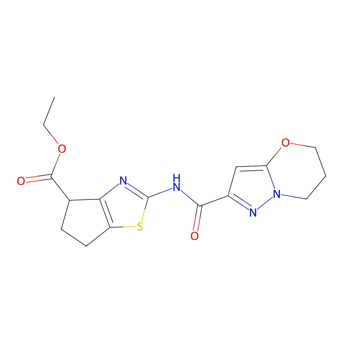 ethyl 2-(6,7-dihydro-5H-pyrazolo[5,1-b][1,3]oxazine-2-carboxamido)-5,6-dihydro-4H-cyclopenta[d]thiazole-4-carboxylate molecular structure, CAS 1448134-42-6
