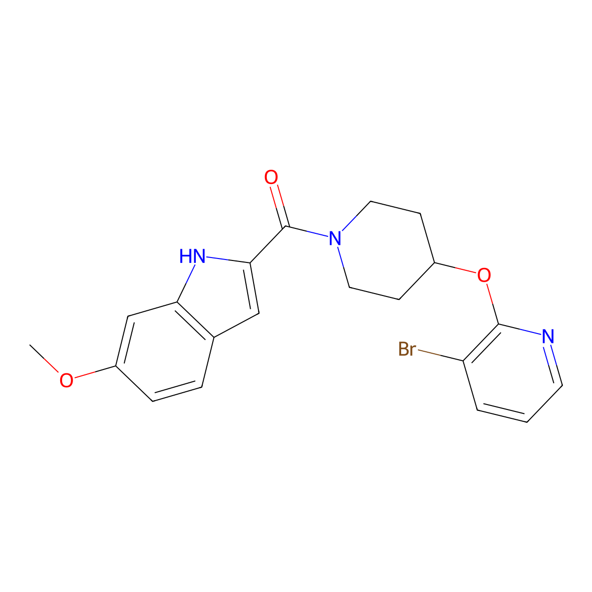 (4-((3-bromopyridin-2-yl)oxy)piperidin-1-yl)(6-methoxy-1H-indol-2-yl)methanone molecular structure, CAS 1448134-45-9