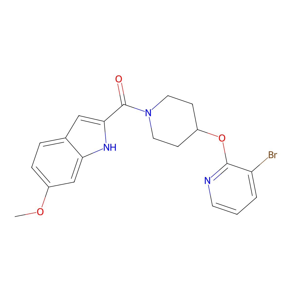 (4-((3-bromopyridin-2-yl)oxy)piperidin-1-yl)(6-methoxy-1H-indol-2-yl)methanone molecular structure, CAS 1448134-45-9