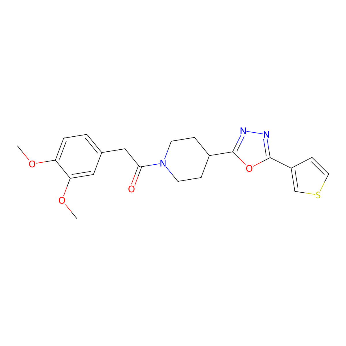 2-(3,4-Dimethoxyphenyl)-1-(4-(5-(thiophen-3-yl)-1,3,4-oxadiazol-2-yl)piperidin-1-yl)ethanone molecular structure, CAS 1448134-58-4