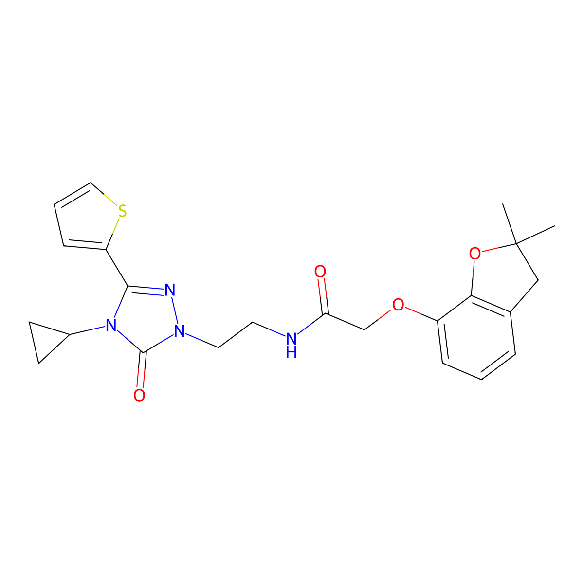 N-(2-(4-cyclopropyl-5-oxo-3-(thiophen-2-yl)-4,5-dihydro-1H-1,2,4-triazol-1-yl)ethyl)-2-((2,2-dimethyl-2,3-dihydrobenzofuran-7-yl)oxy)acetamide molecular structure, CAS 1448134-65-3
