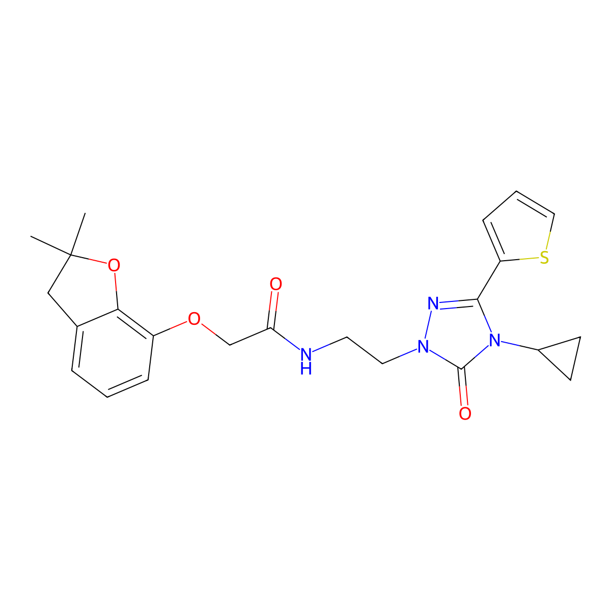 N-(2-(4-cyclopropyl-5-oxo-3-(thiophen-2-yl)-4,5-dihydro-1H-1,2,4-triazol-1-yl)ethyl)-2-((2,2-dimethyl-2,3-dihydrobenzofuran-7-yl)oxy)acetamide molecular structure, CAS 1448134-65-3