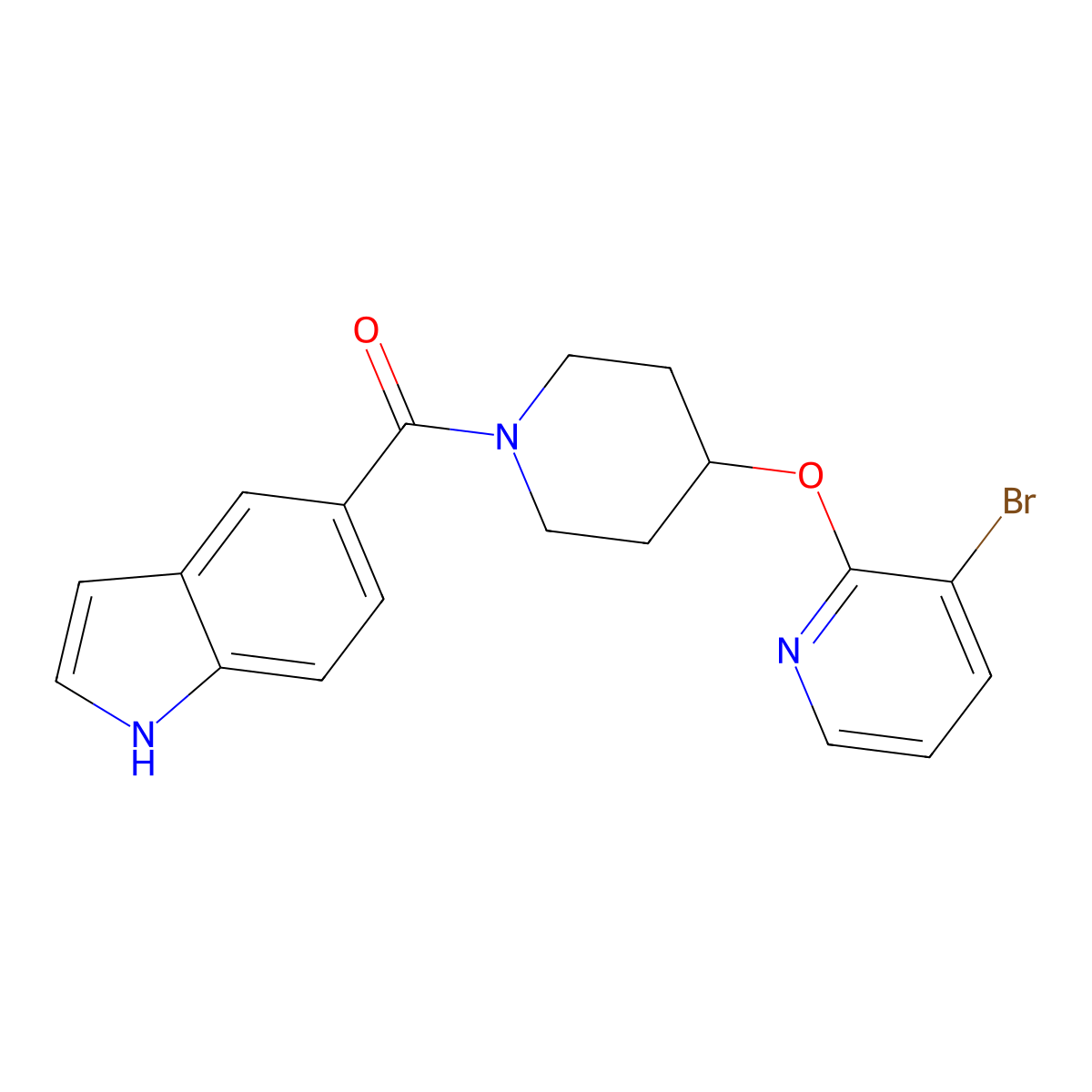 (4-((3-bromopyridin-2-yl)oxy)piperidin-1-yl)(1H-indol-5-yl)methanone molecular structure, CAS 1448134-68-6