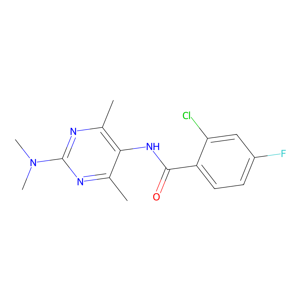 2-Chloro-N-[2-(dimethylamino)-4,6-dimethylpyrimidin-5-YL]-4-fluorobenzamide molecular structure, CAS 1448134-72-2
