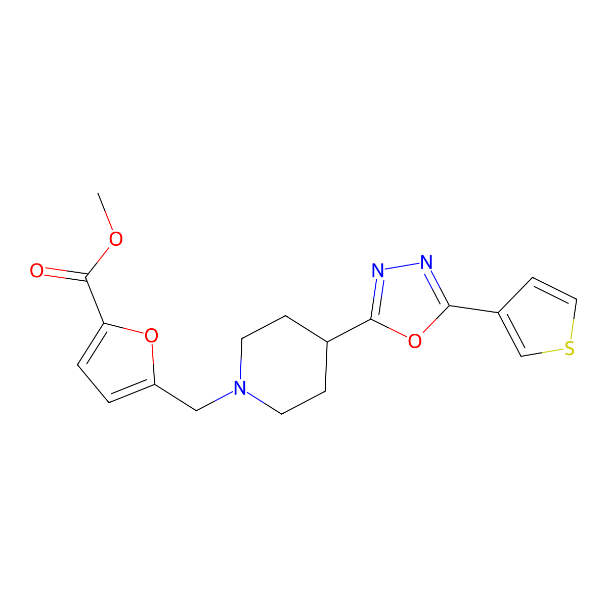 Methyl 5-({4-[5-(thiophen-3-YL)-1,3,4-oxadiazol-2-YL]piperidin-1-YL}methyl)furan-2-carboxylate molecular structure, CAS 1448134-74-4