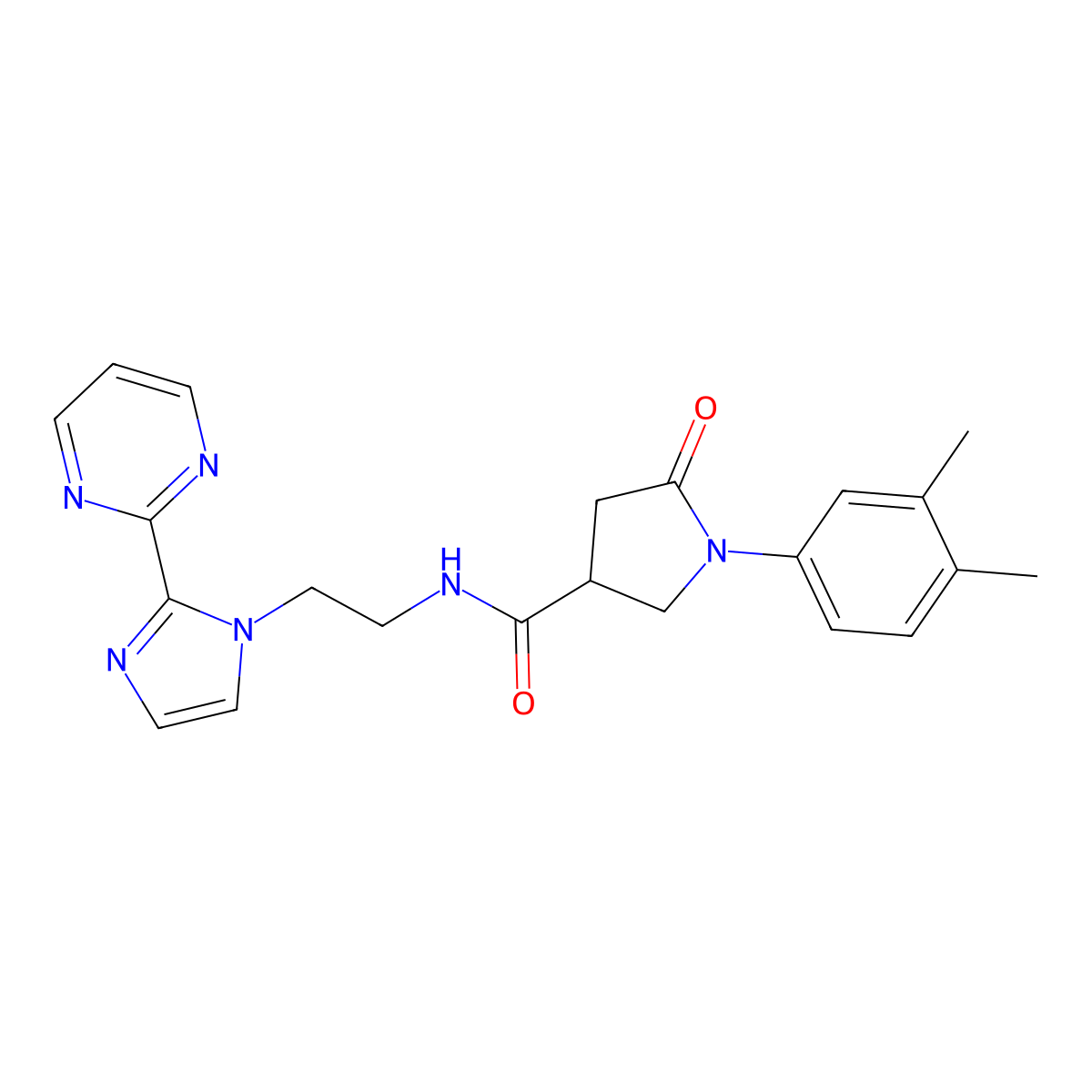 1-(3,4-dimethylphenyl)-5-oxo-N-{2-[2-(pyrimidin-2-yl)-1H-imidazol-1-yl]ethyl}pyrrolidine-3-carboxamide molecular structure, CAS 1448134-79-9