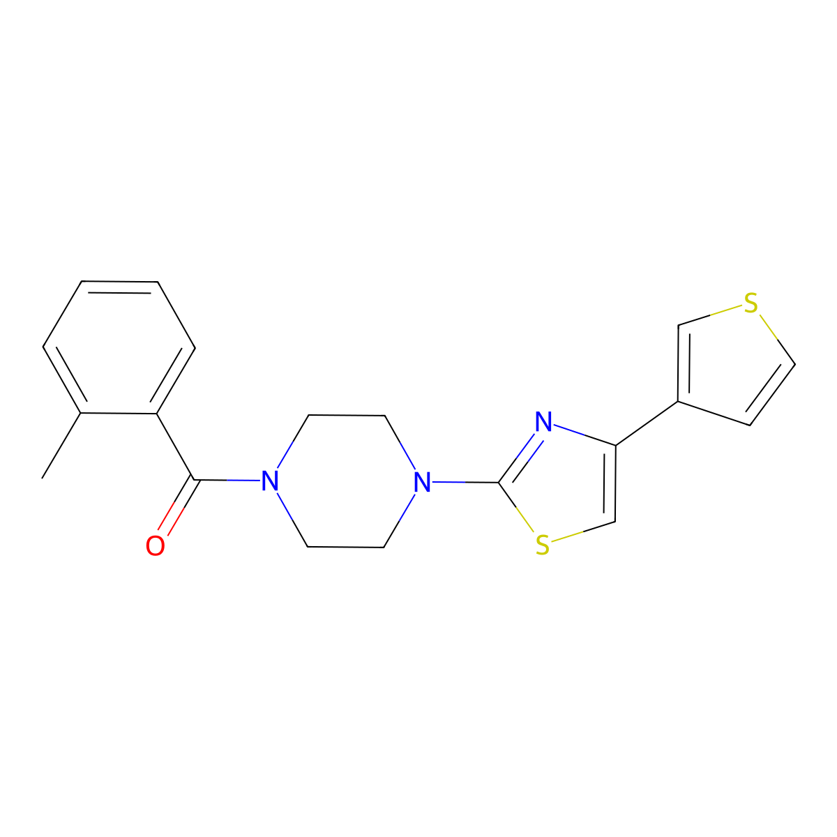 (4-(4-(Thiophen-3-yl)thiazol-2-yl)piperazin-1-yl)(o-tolyl)methanone molecular structure, CAS 1448134-80-2
