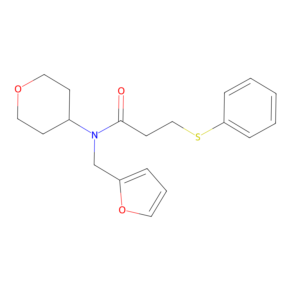 N-(furan-2-ylmethyl)-3-(phenylthio)-N-(tetrahydro-2H-pyran-4-yl)propanamide molecular structure, CAS 1448134-94-8