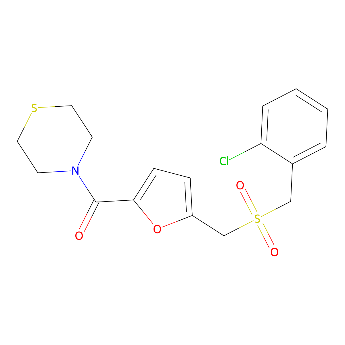(5-(((2-Chlorobenzyl)sulfonyl)methyl)furan-2-yl)(thiomorpholino)methanone molecular structure, CAS 1448134-95-9