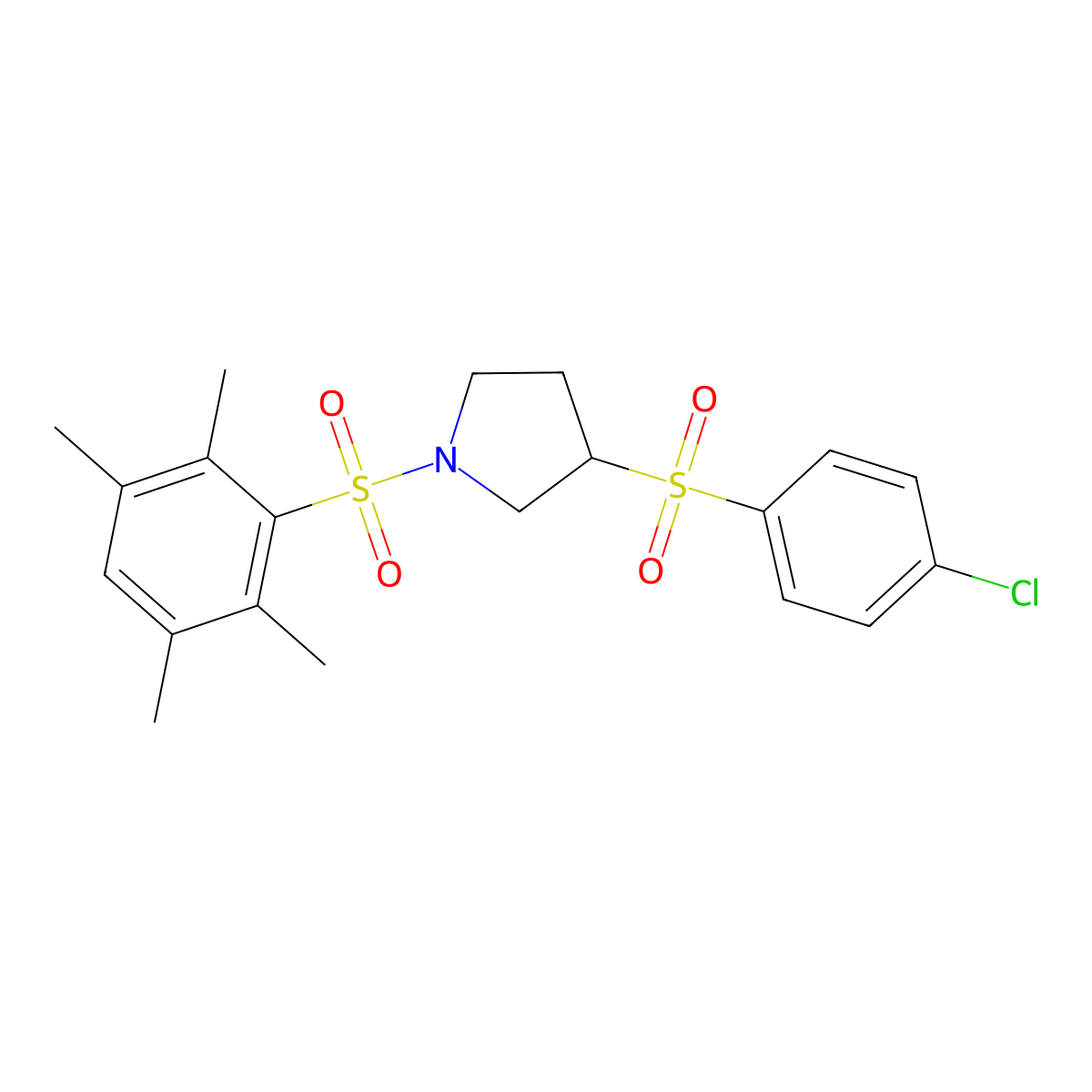 3-((4-Chlorophenyl)sulfonyl)-1-((2,3,5,6-tetramethylphenyl)sulfonyl)pyrrolidine molecular structure, CAS 1448135-11-2