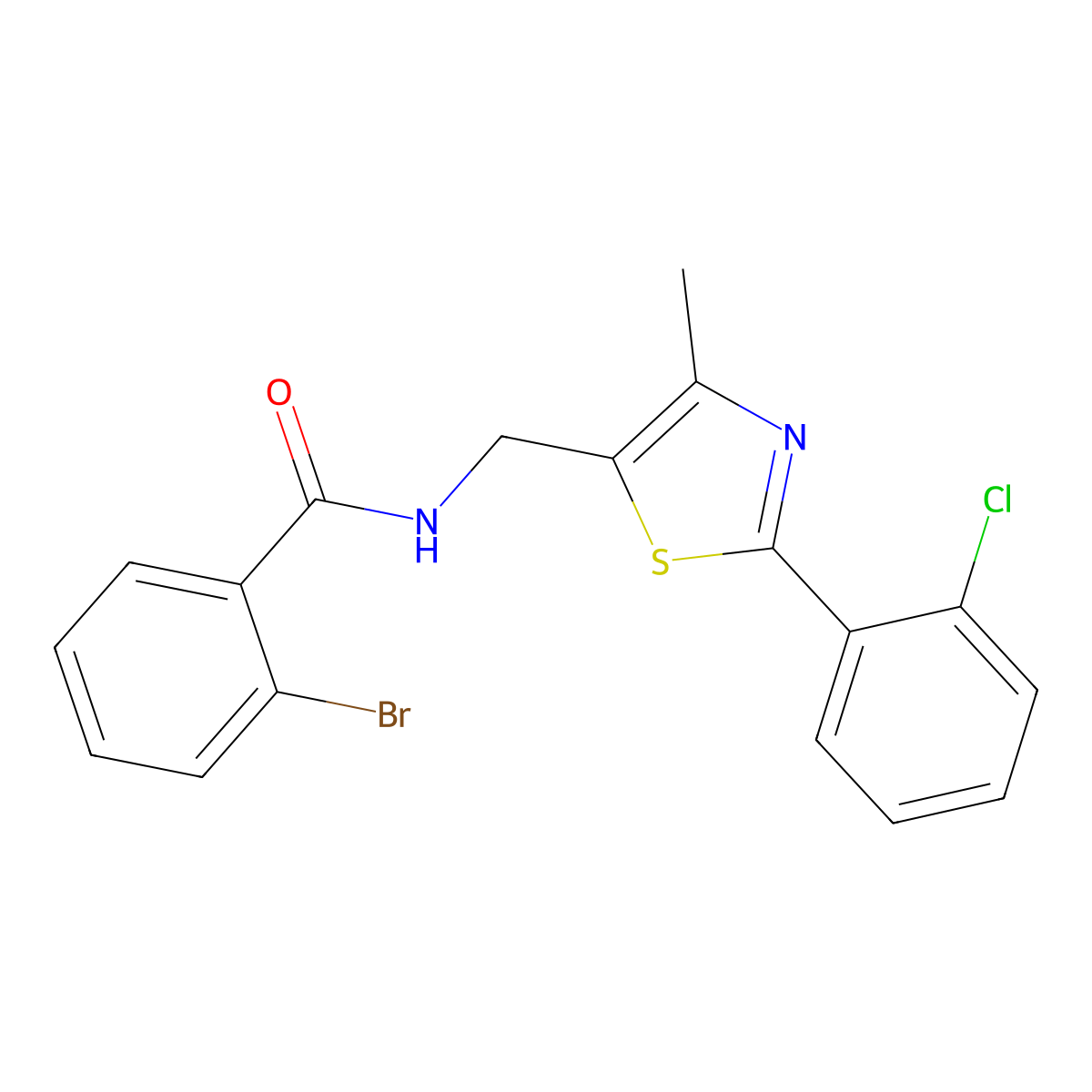 2-bromo-N-((2-(2-chlorophenyl)-4-methylthiazol-5-yl)methyl)benzamide molecular structure, CAS 1448135-13-4