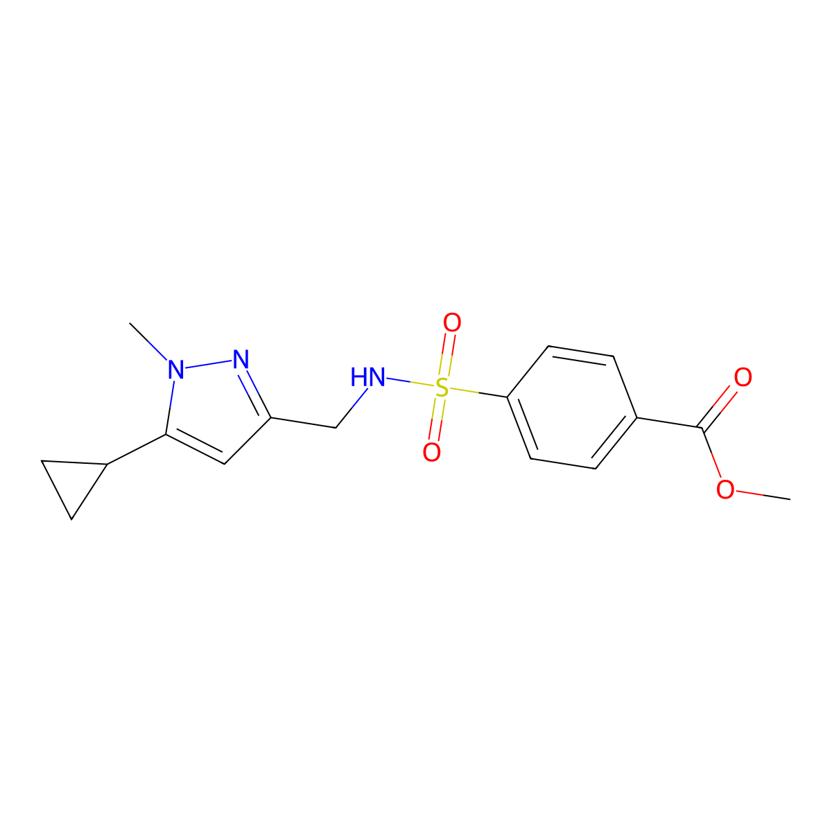 methyl 4-(N-((5-cyclopropyl-1-methyl-1H-pyrazol-3-yl)methyl)sulfamoyl)benzoate molecular structure, CAS 1448135-38-3