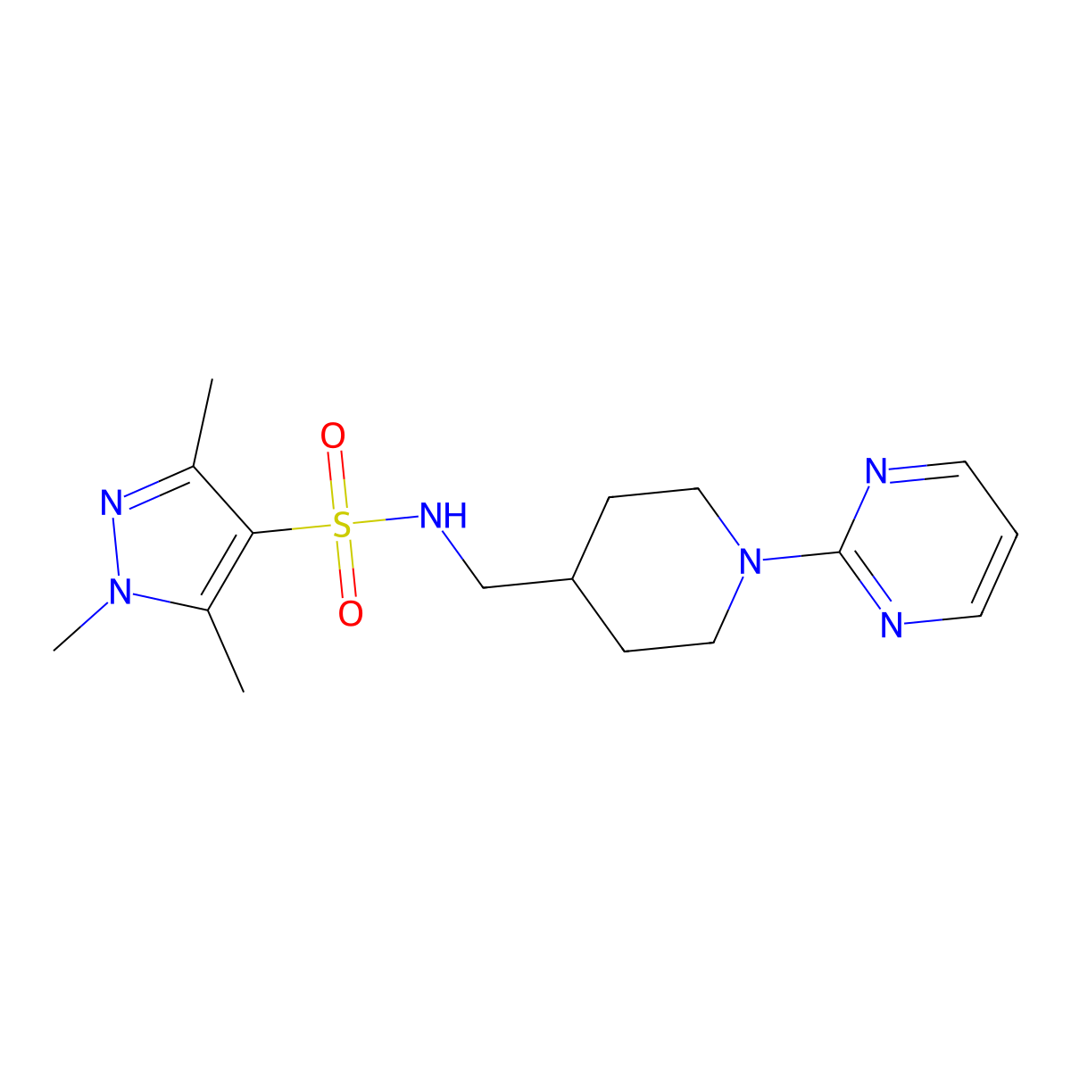 1,3,5-trimethyl-N-{[1-(pyrimidin-2-yl)piperidin-4-yl]methyl}-1H-pyrazole-4-sulfonamide molecular structure, CAS 1448135-39-4