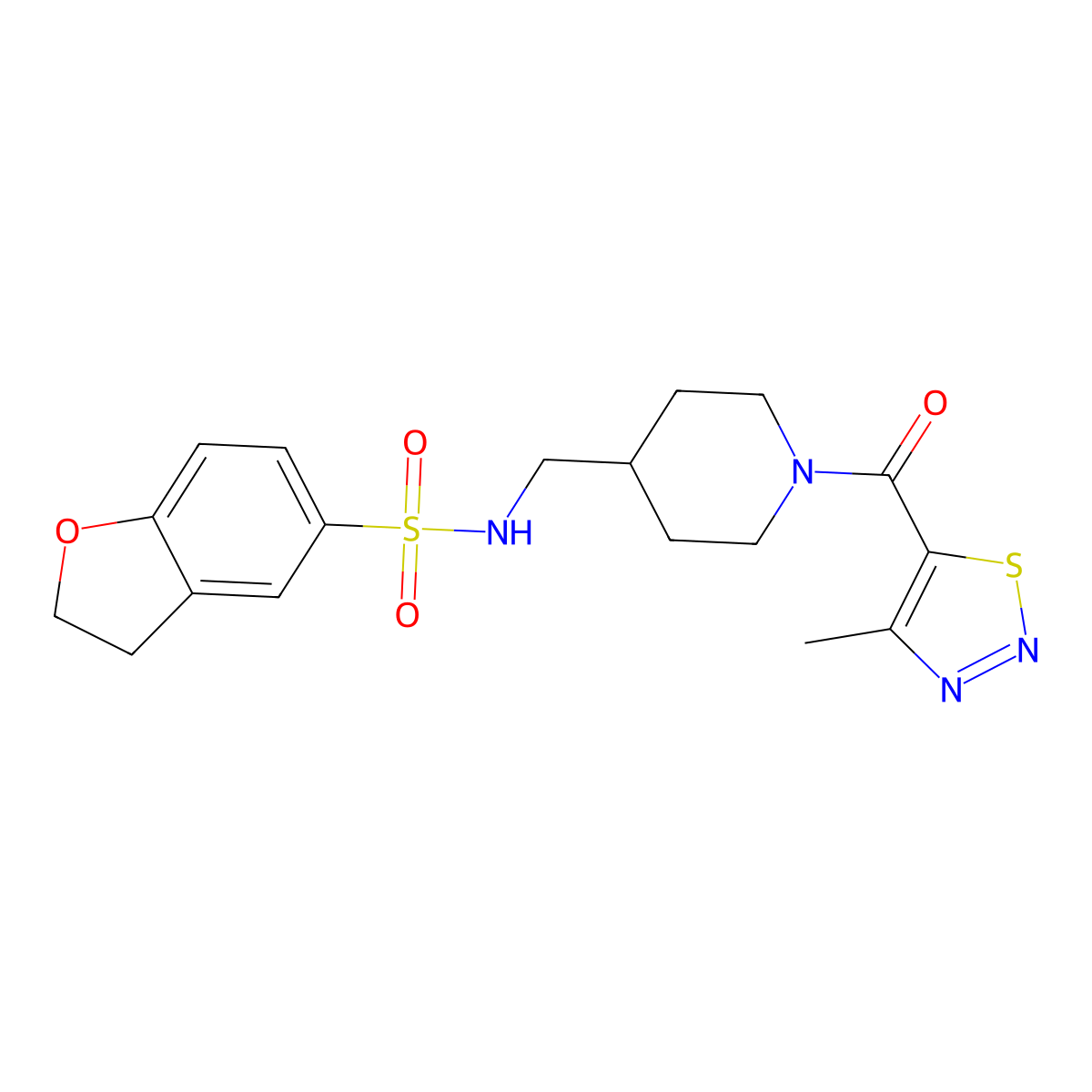 N-((1-(4-methyl-1,2,3-thiadiazole-5-carbonyl)piperidin-4-yl)methyl)-2,3-dihydrobenzofuran-5-sulfonamide molecular structure, CAS 1448135-44-1