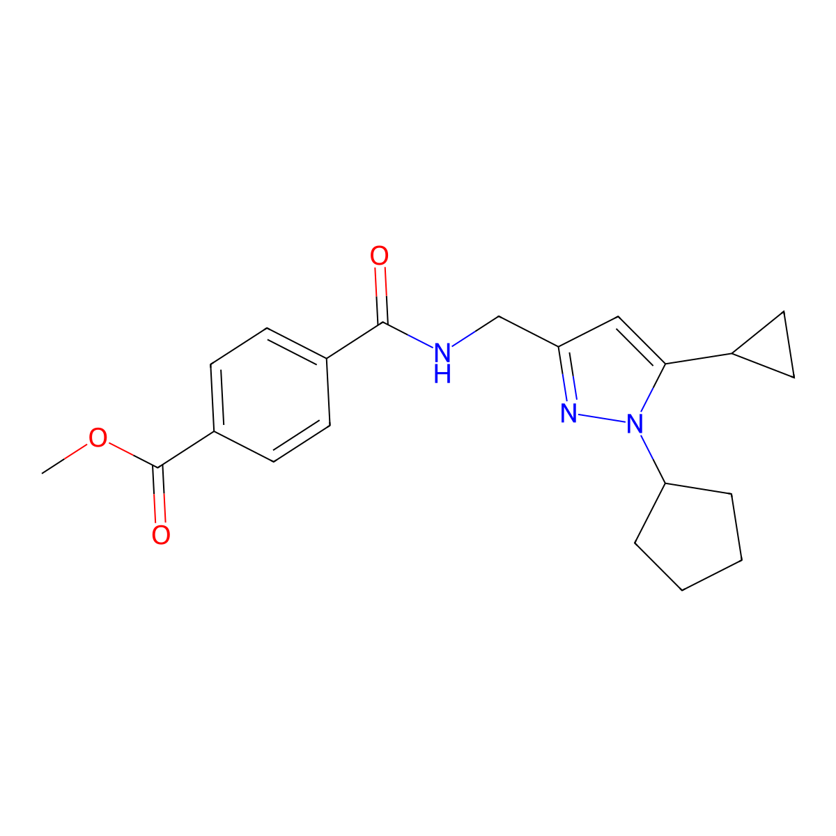 methyl 4-{[(1-cyclopentyl-5-cyclopropyl-1H-pyrazol-3-yl)methyl]carbamoyl}benzoate molecular structure, CAS 1448135-50-9
