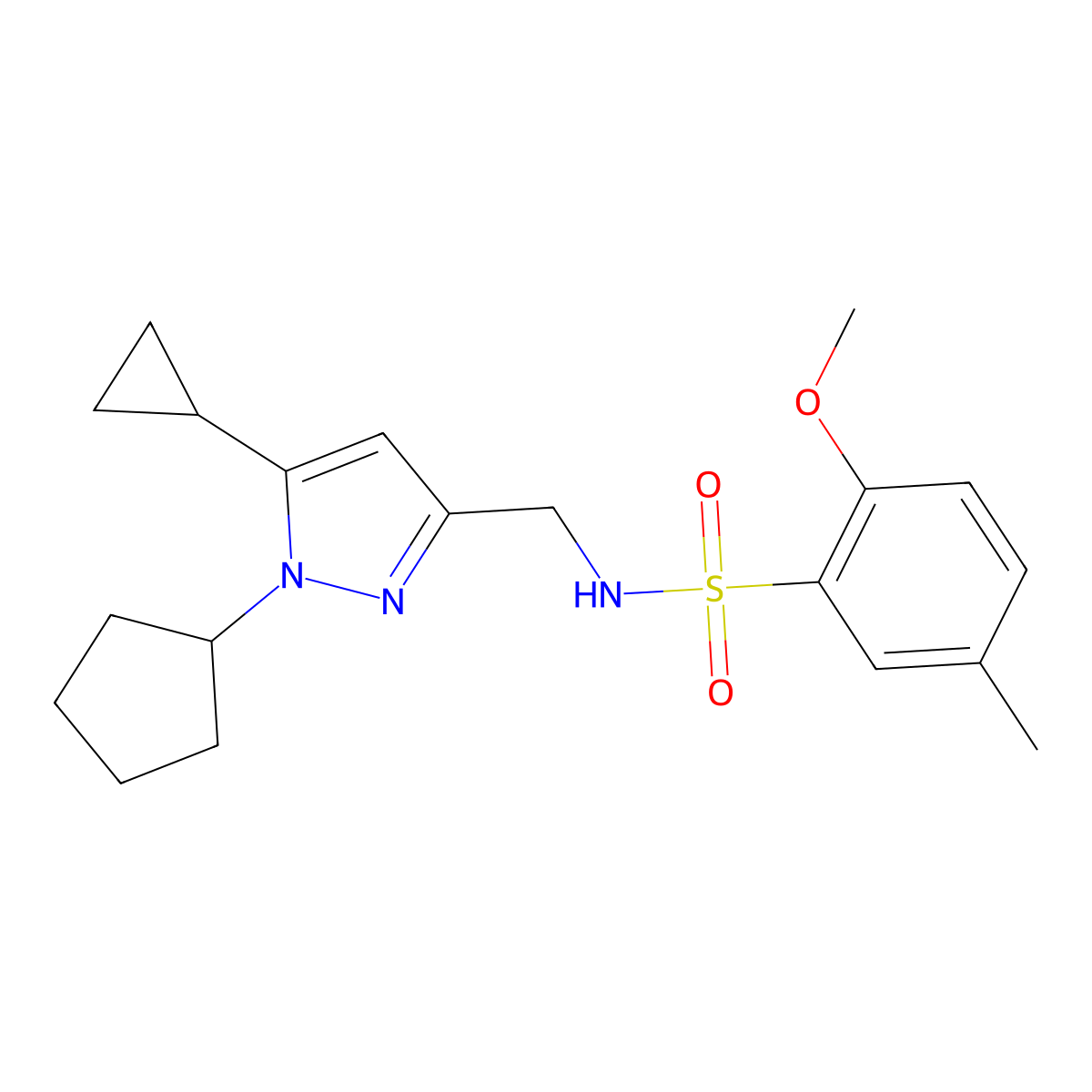 N-((1-cyclopentyl-5-cyclopropyl-1H-pyrazol-3-yl)methyl)-2-methoxy-5-methylbenzenesulfonamide molecular structure, CAS 1448135-56-5