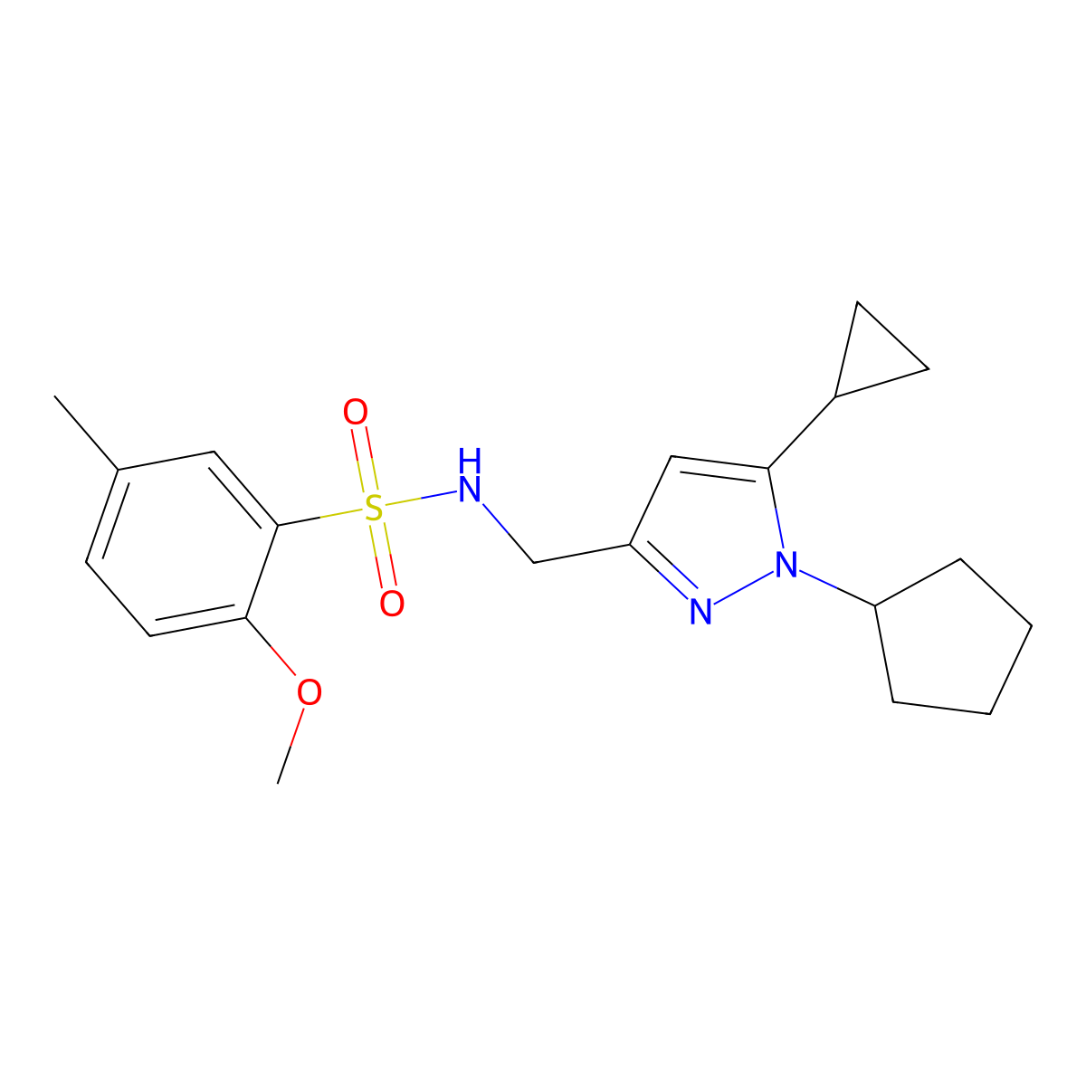 N-((1-cyclopentyl-5-cyclopropyl-1H-pyrazol-3-yl)methyl)-2-methoxy-5-methylbenzenesulfonamide molecular structure, CAS 1448135-56-5