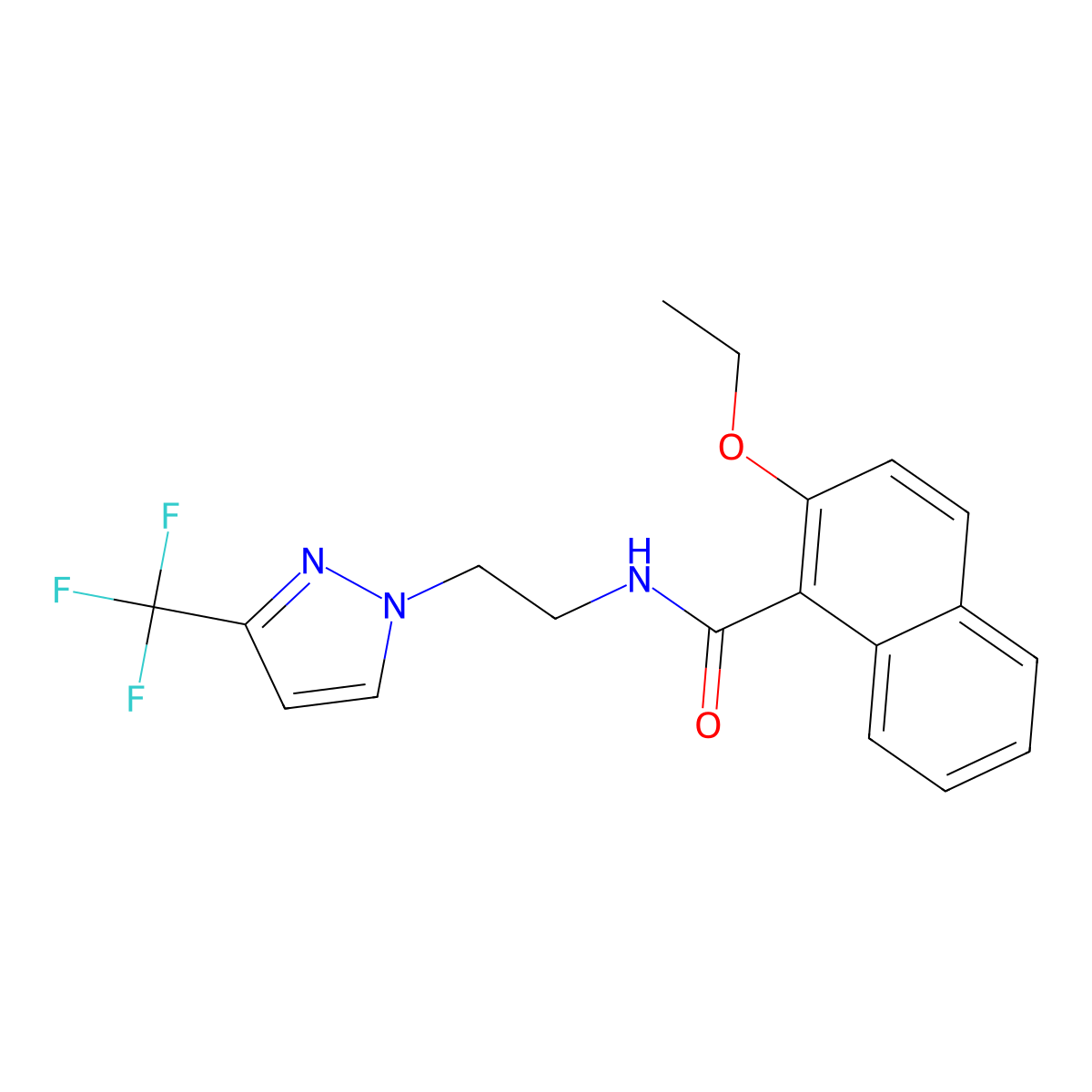 2-ethoxy-N-(2-(3-(trifluoromethyl)-1H-pyrazol-1-yl)ethyl)-1-naphthamide molecular structure, CAS 1448135-58-7