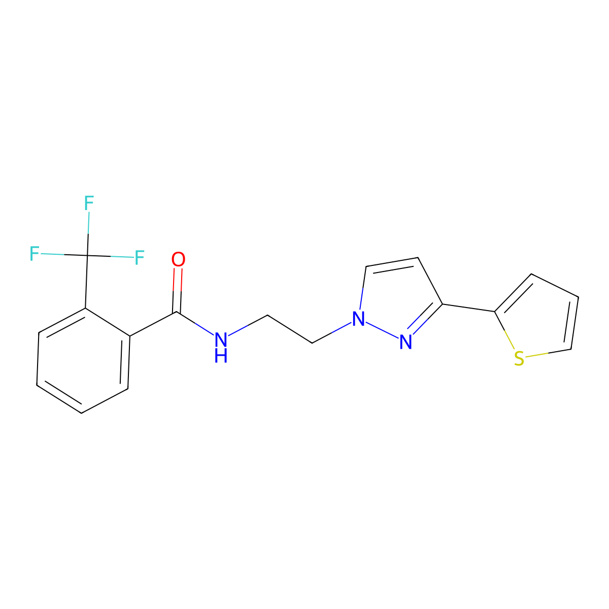 N-{2-[3-(thiophen-2-yl)-1H-pyrazol-1-yl]ethyl}-2-(trifluoromethyl)benzamide molecular structure, CAS 1448135-73-6
