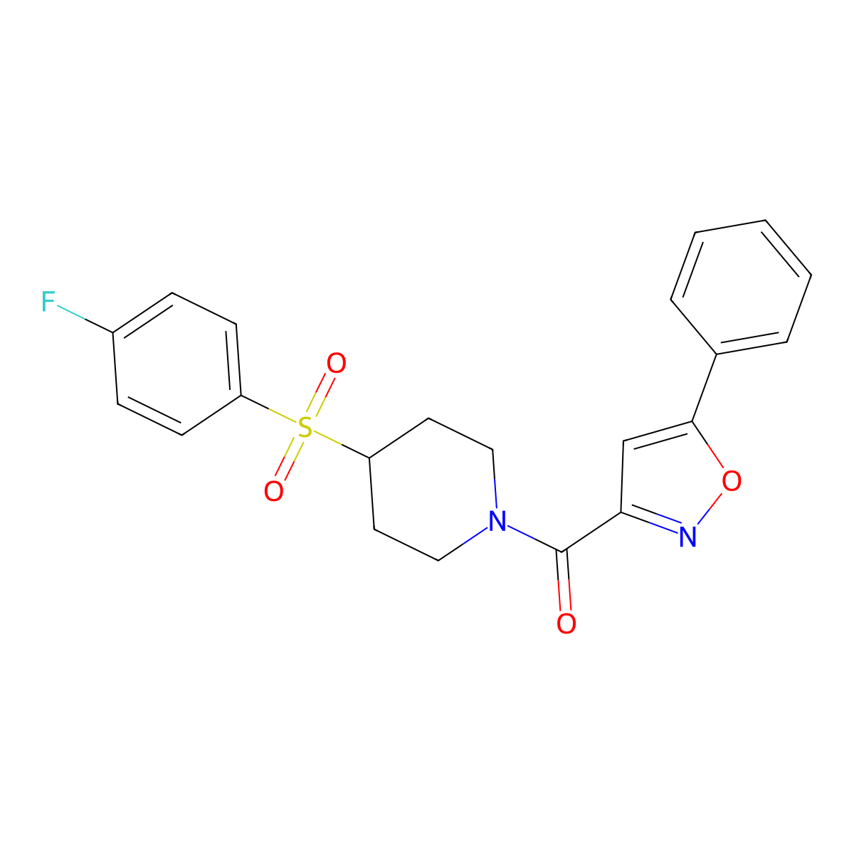 (4-((4-Fluorophenyl)sulfonyl)piperidin-1-yl)(5-phenylisoxazol-3-yl)methanone molecular structure, CAS 1448135-74-7