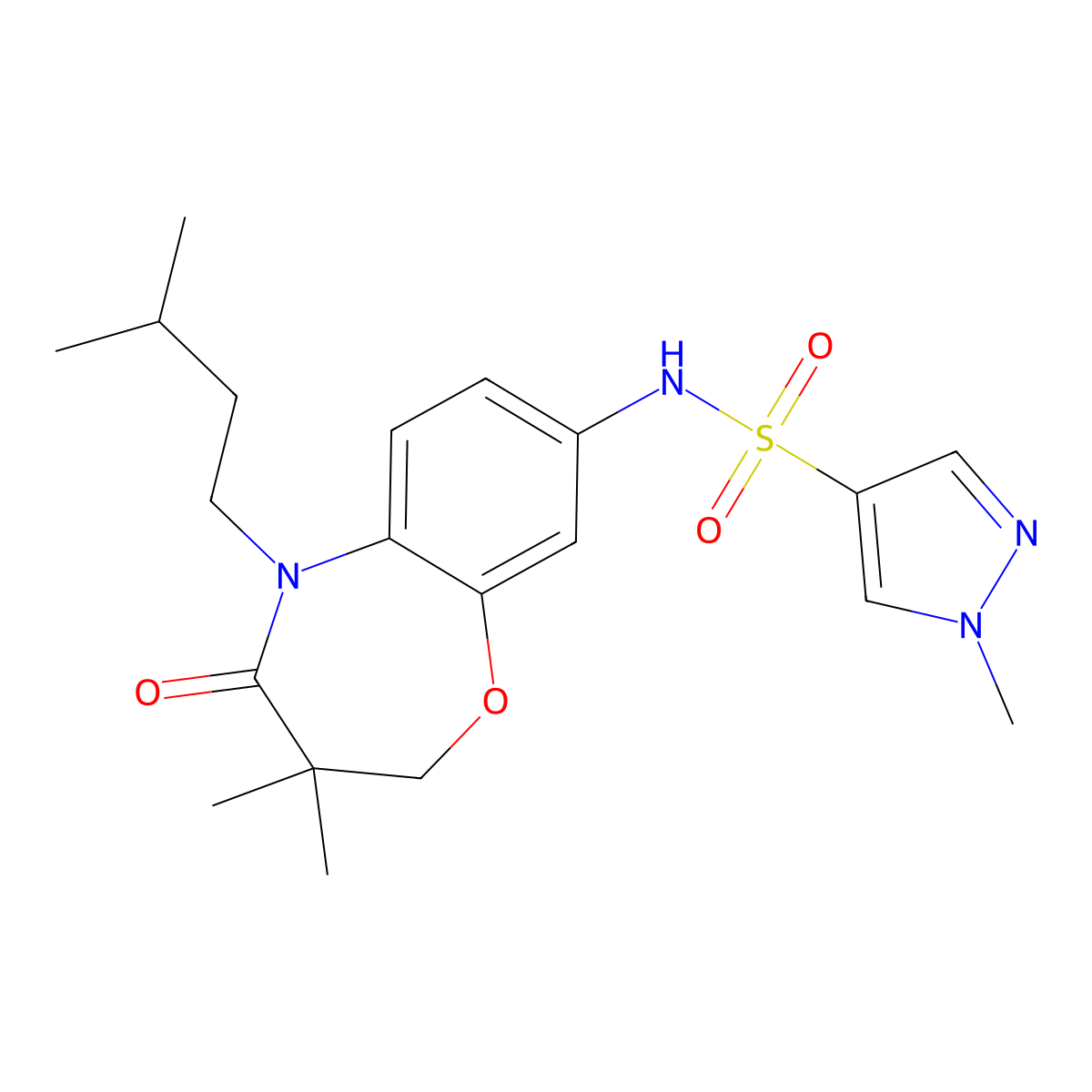 N-(5-isopentyl-3,3-dimethyl-4-oxo-2,3,4,5-tetrahydrobenzo[b][1,4]oxazepin-8-yl)-1-methyl-1H-pyrazole-4-sulfonamide molecular structure, CAS 1448135-81-6
