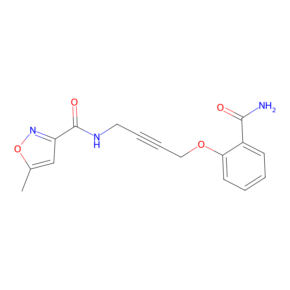 N-(4-(2-carbamoylphenoxy)but-2-yn-1-yl)-5-methylisoxazole-3-carboxamide molecular structure, CAS 1448135-82-7