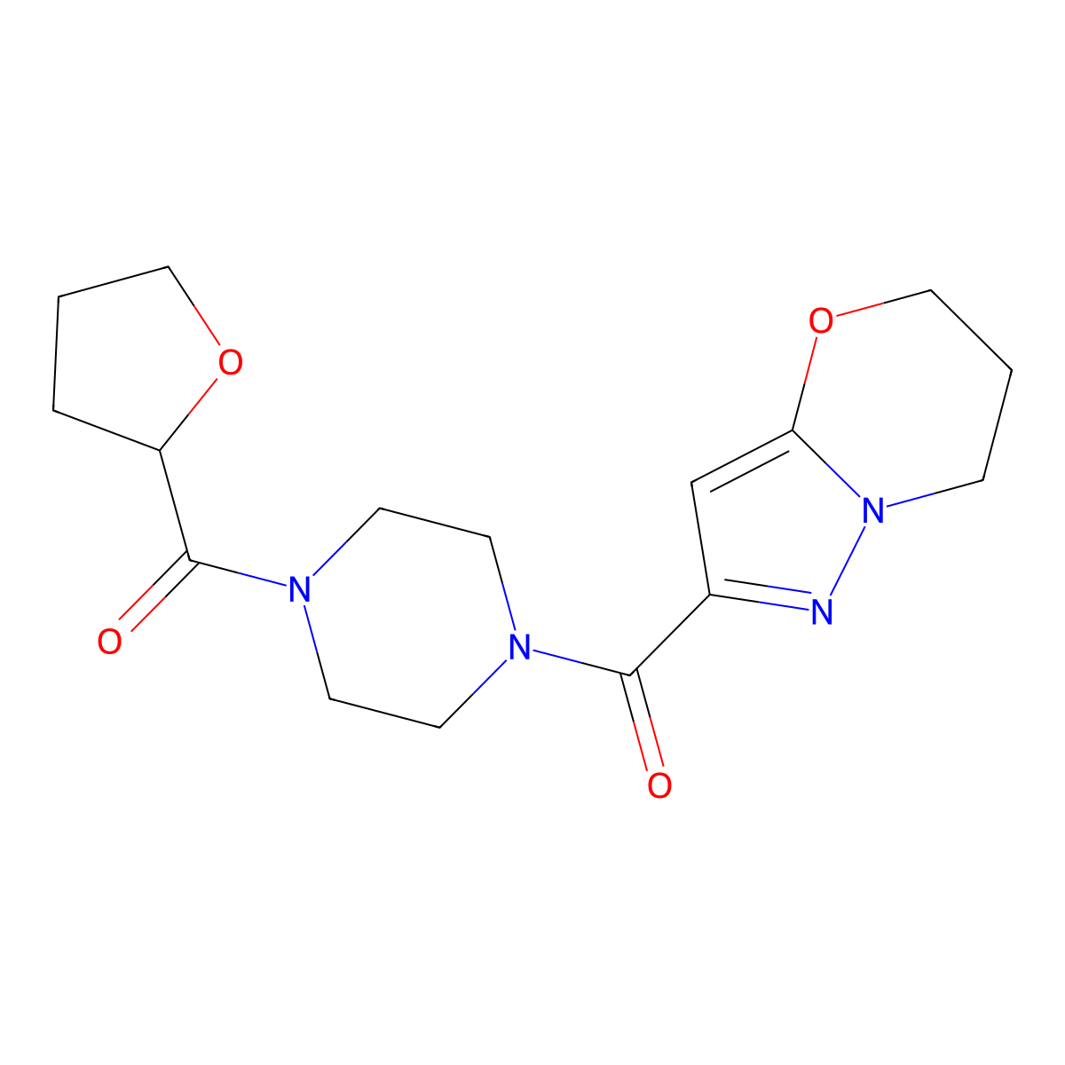 (6,7-dihydro-5H-pyrazolo[5,1-b][1,3]oxazin-2-yl)(4-(tetrahydrofuran-2-carbonyl)piperazin-1-yl)methanone molecular structure, CAS 1448135-89-4
