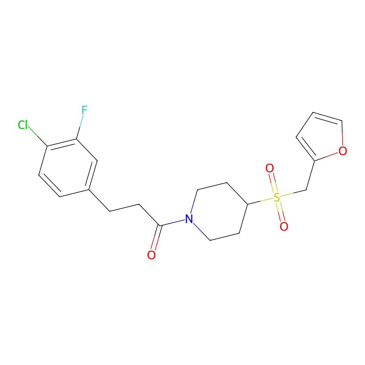 3-(4-Chloro-3-fluorophenyl)-1-(4-((furan-2-ylmethyl)sulfonyl)piperidin-1-yl)propan-1-one molecular structure, CAS 1448135-98-5