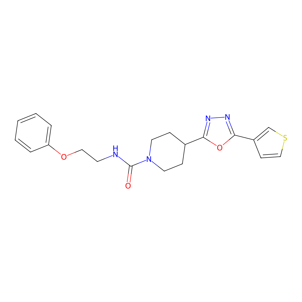 N-(2-Phenoxyethyl)-4-[5-(thiophen-3-YL)-1,3,4-oxadiazol-2-YL]piperidine-1-carboxamide molecular structure, CAS 1448136-04-6