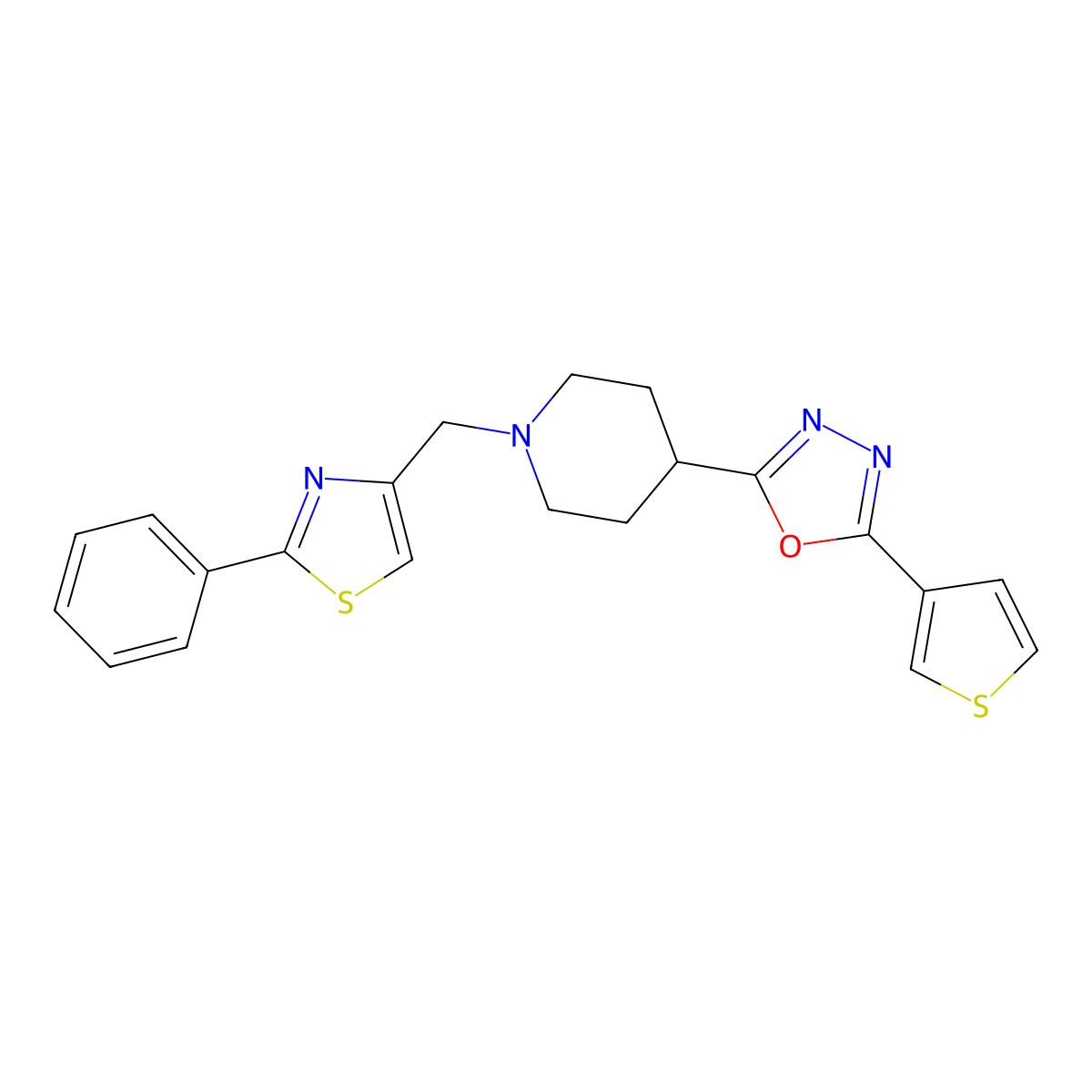 2-(1-((2-Phenylthiazol-4-yl)methyl)piperidin-4-yl)-5-(thiophen-3-yl)-1,3,4-oxadiazole molecular structure, CAS 1448136-15-9