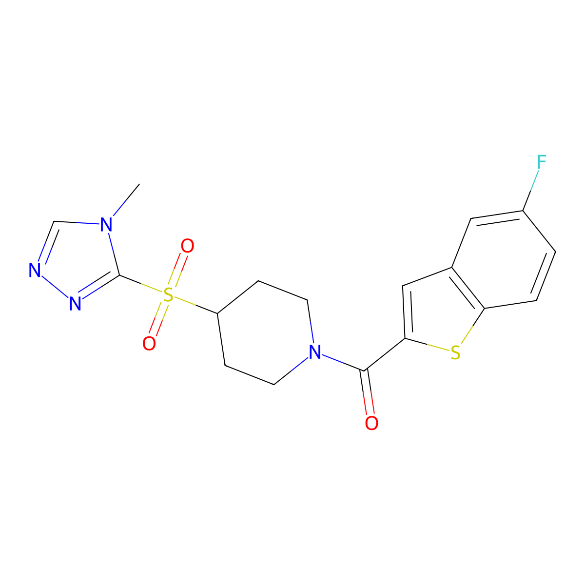 (5-fluorobenzo[b]thiophen-2-yl)(4-((4-methyl-4H-1,2,4-triazol-3-yl)sulfonyl)piperidin-1-yl)methanone molecular structure, CAS 1448136-22-8