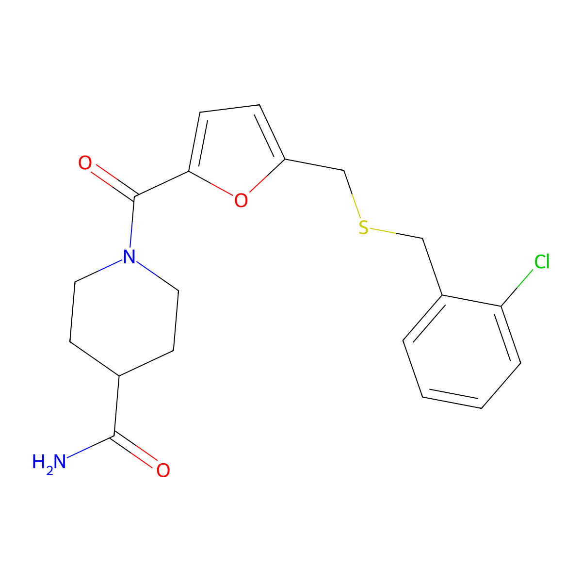 1-(5-(((2-Chlorobenzyl)thio)methyl)furan-2-carbonyl)piperidine-4-carboxamide molecular structure, CAS 1448136-25-1