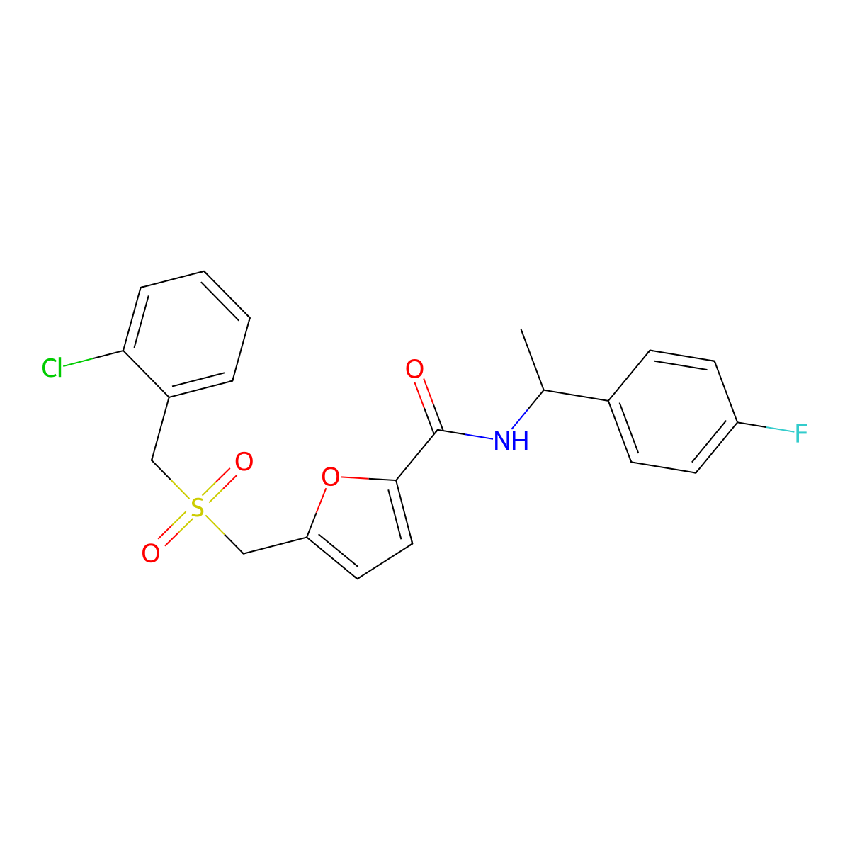 5-(((2-chlorobenzyl)sulfonyl)methyl)-N-(1-(4-fluorophenyl)ethyl)furan-2-carboxamide molecular structure, CAS 1448136-30-8