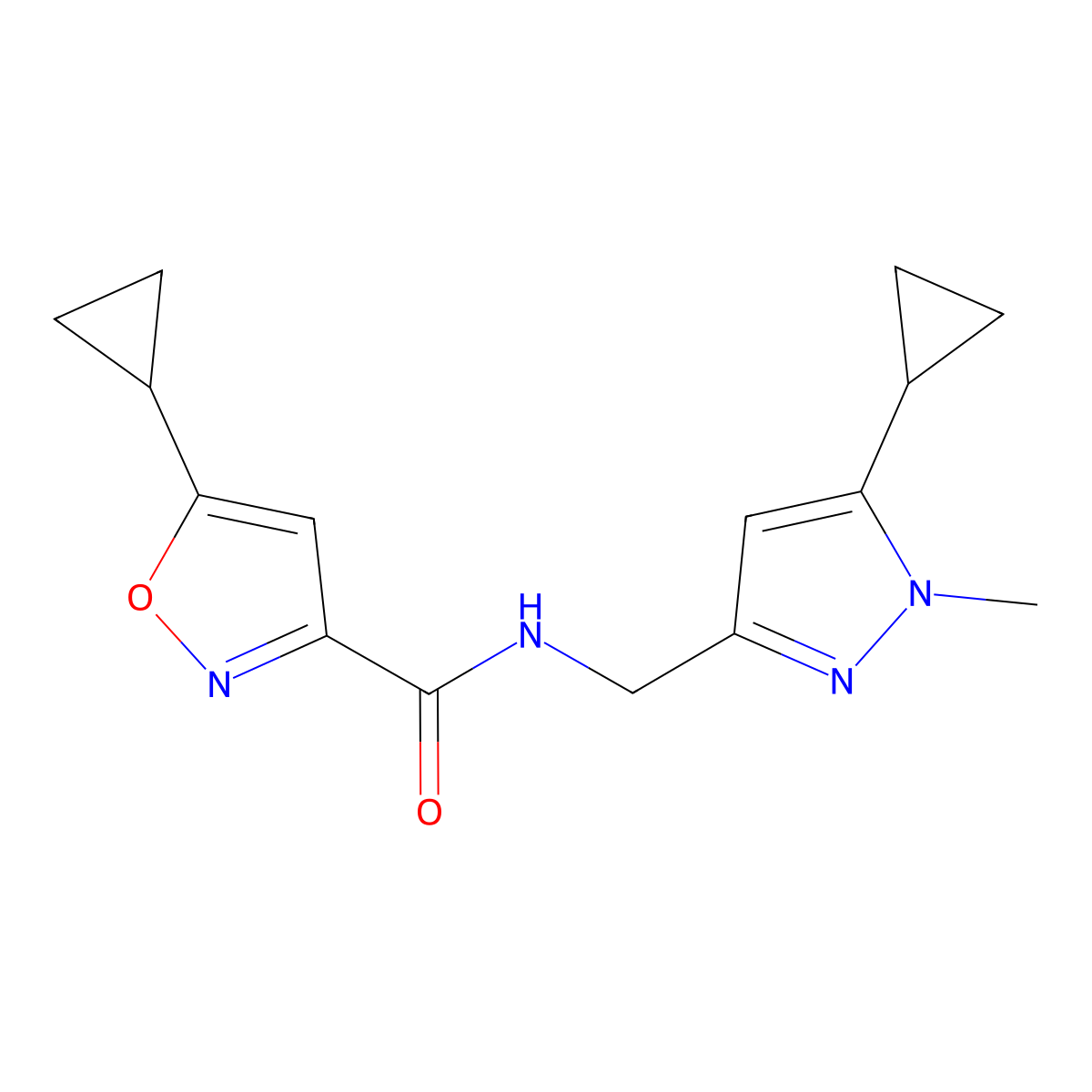 5-cyclopropyl-N-((5-cyclopropyl-1-methyl-1H-pyrazol-3-yl)methyl)isoxazole-3-carboxamide molecular structure, CAS 1448136-33-1