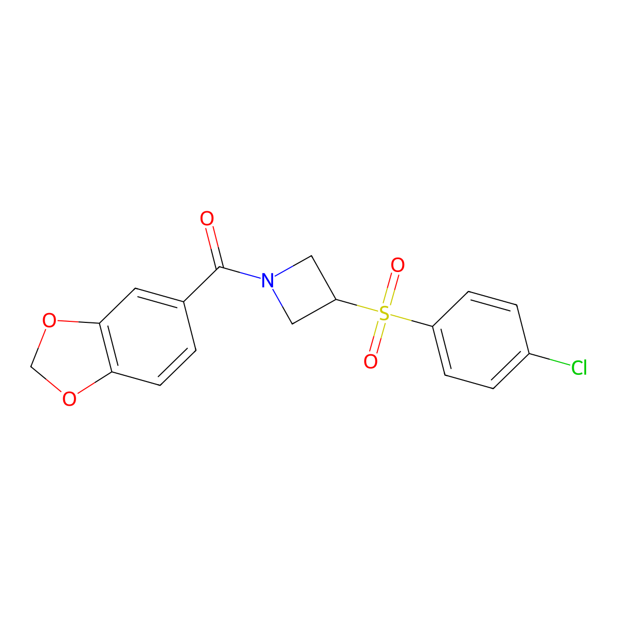 Benzo[d][1,3]dioxol-5-yl(3-((4-chlorophenyl)sulfonyl)azetidin-1-yl)methanone molecular structure, CAS 1448136-57-9