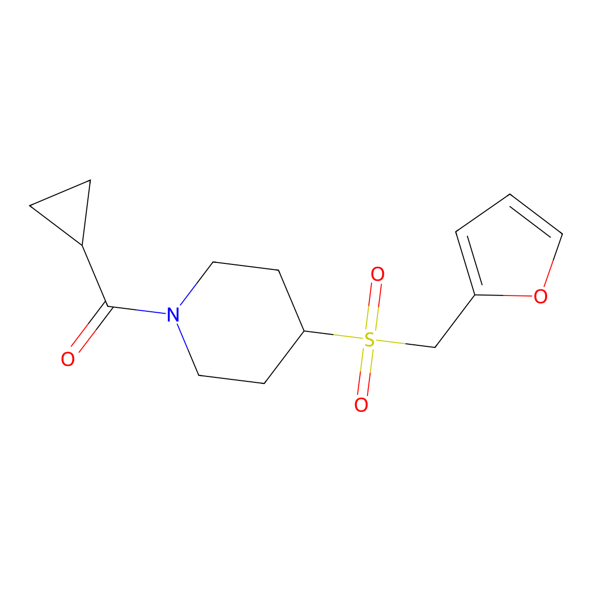 Cyclopropyl(4-((furan-2-ylmethyl)sulfonyl)piperidin-1-yl)methanone molecular structure, CAS 1448136-70-6
