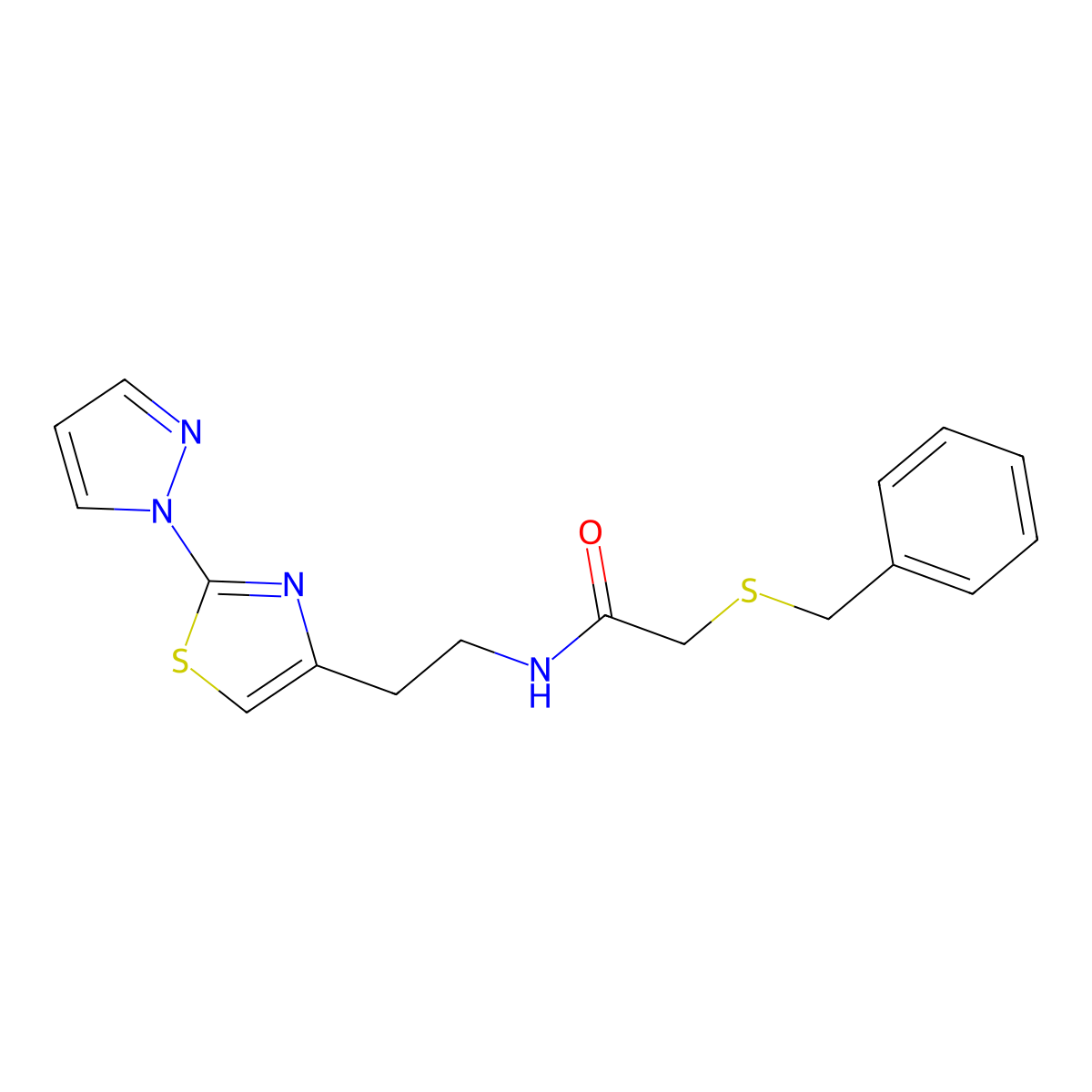N-(2-(2-(1H-pyrazol-1-yl)thiazol-4-yl)ethyl)-2-(benzylthio)acetamide molecular structure, CAS 1448136-71-7