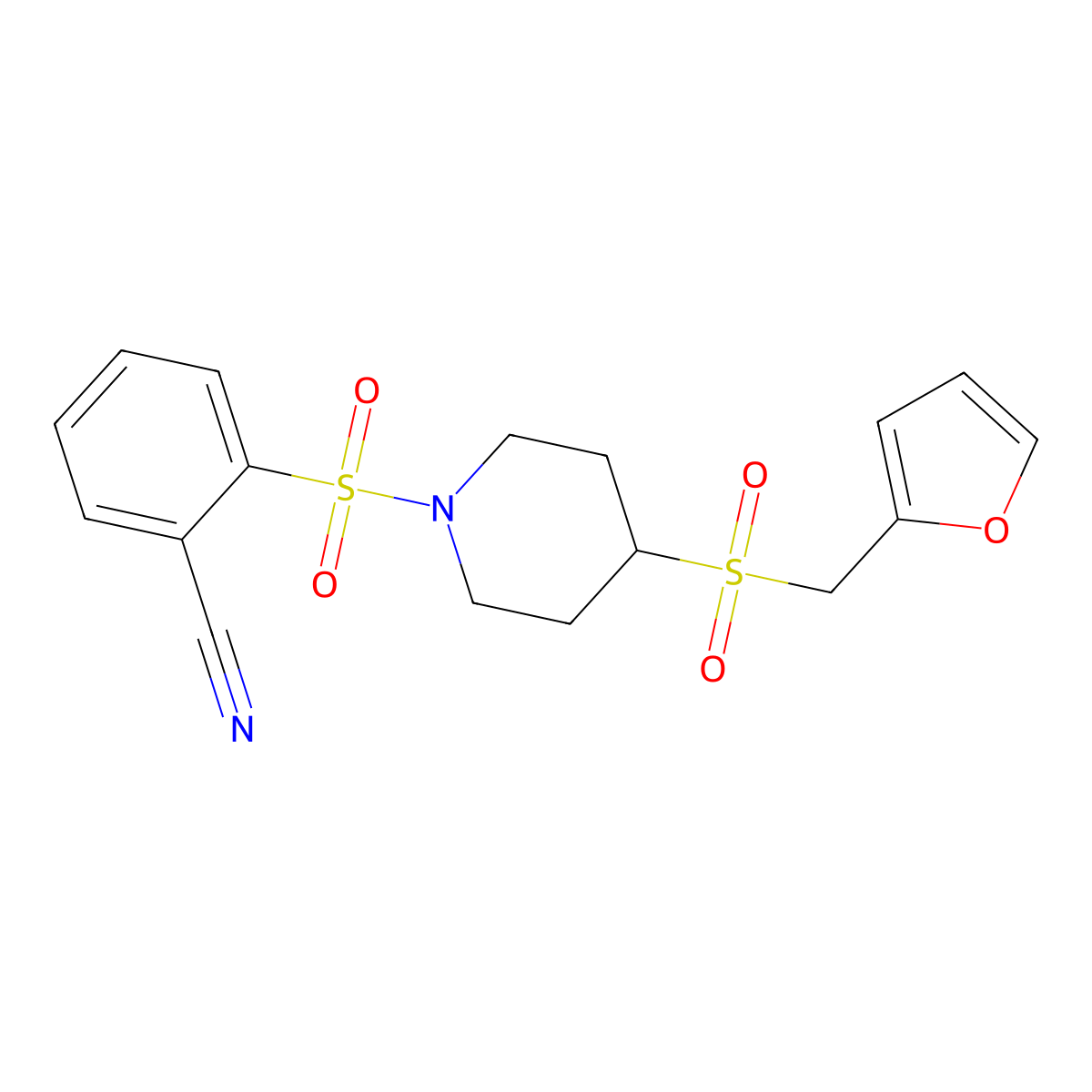2-((4-((Furan-2-ylmethyl)sulfonyl)piperidin-1-yl)sulfonyl)benzonitrile molecular structure, CAS 1448136-79-5