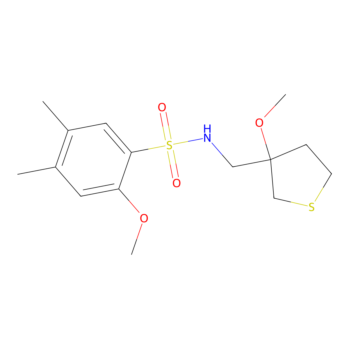 2-methoxy-N-((3-methoxytetrahydrothiophen-3-yl)methyl)-4,5-dimethylbenzenesulfonamide molecular structure, CAS 1448136-88-6