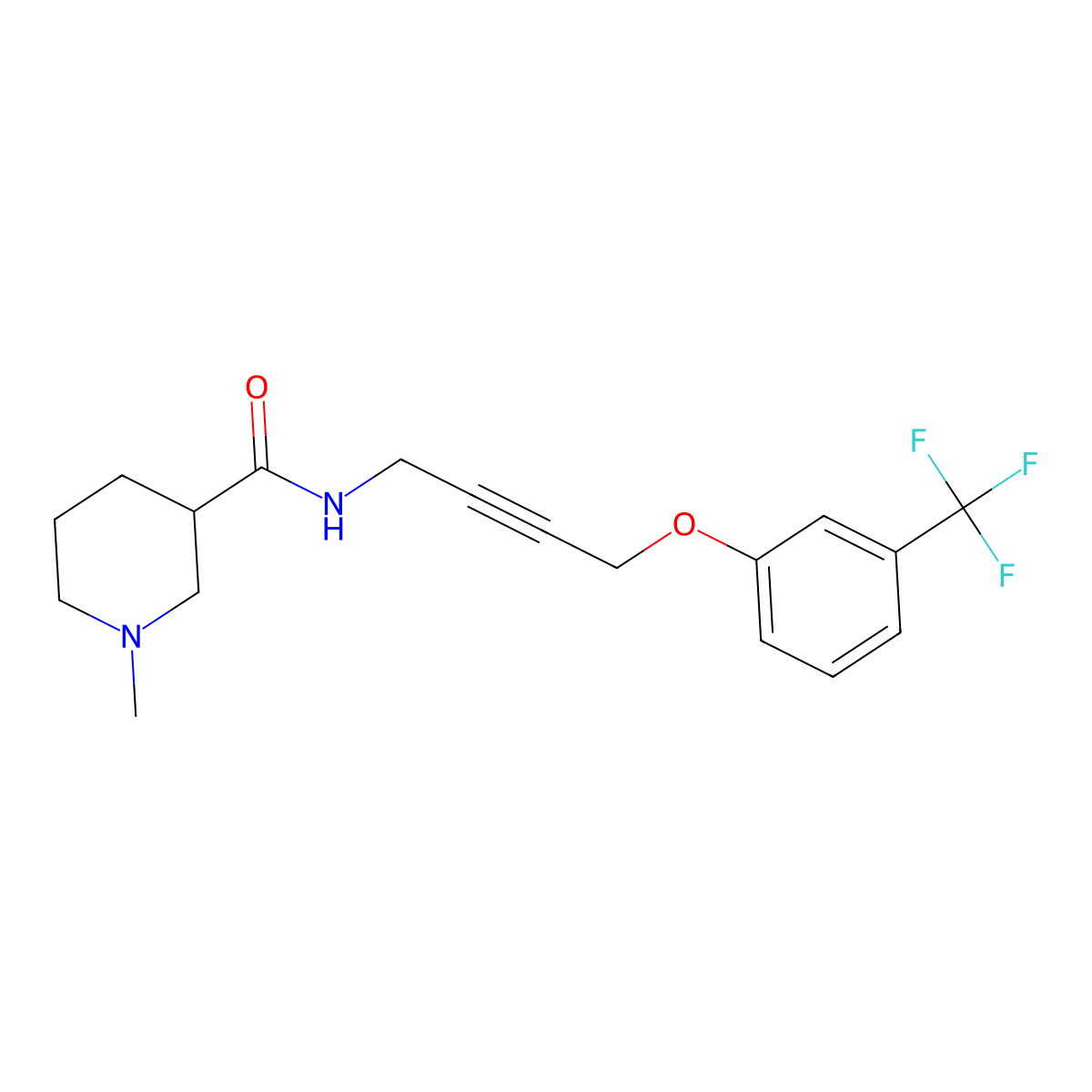 1-methyl-N-(4-(3-(trifluoromethyl)phenoxy)but-2-yn-1-yl)piperidine-3-carboxamide molecular structure, CAS 1448136-91-1