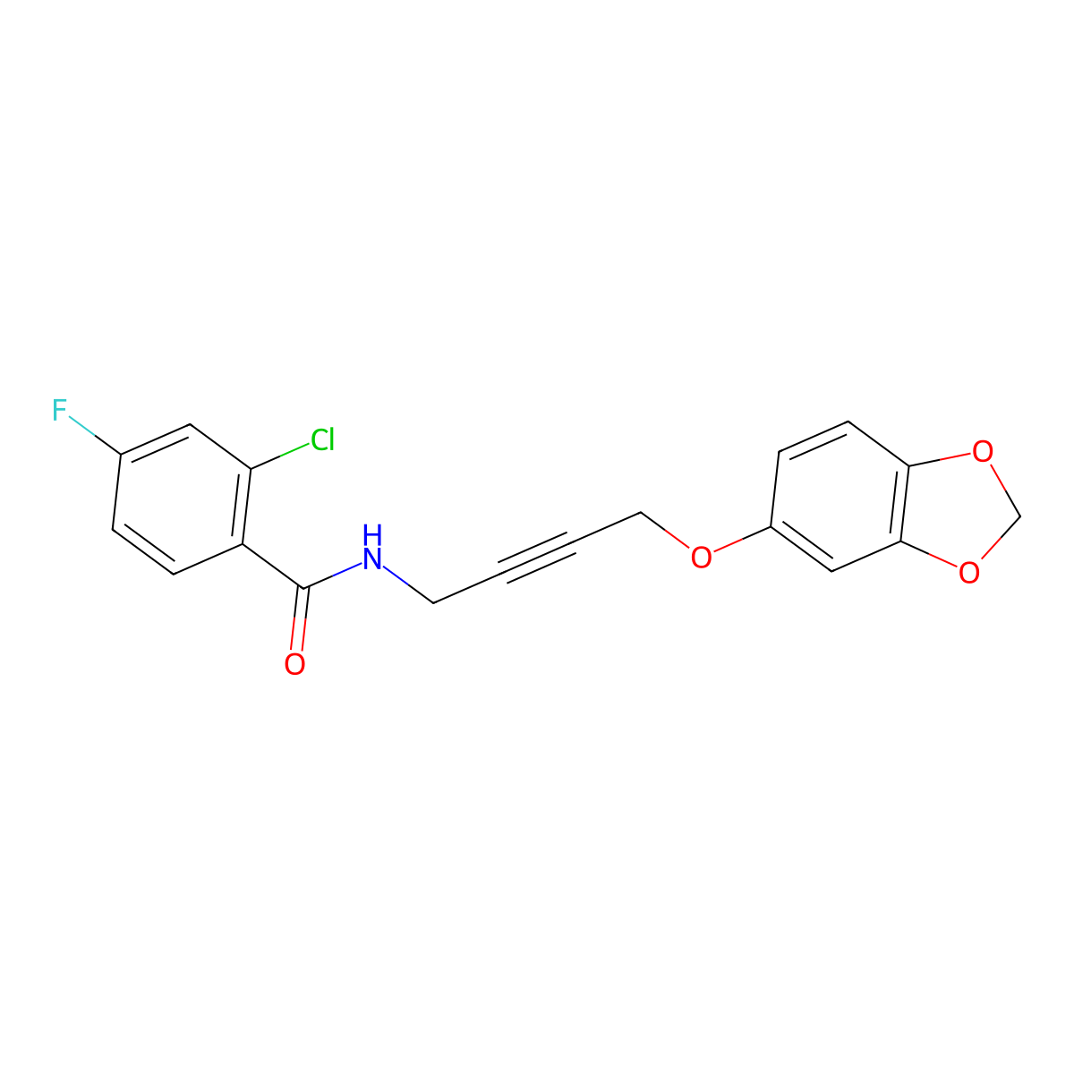 N-(4-(benzo[d][1,3]dioxol-5-yloxy)but-2-yn-1-yl)-2-chloro-4-fluorobenzamide molecular structure, CAS 1448137-01-6