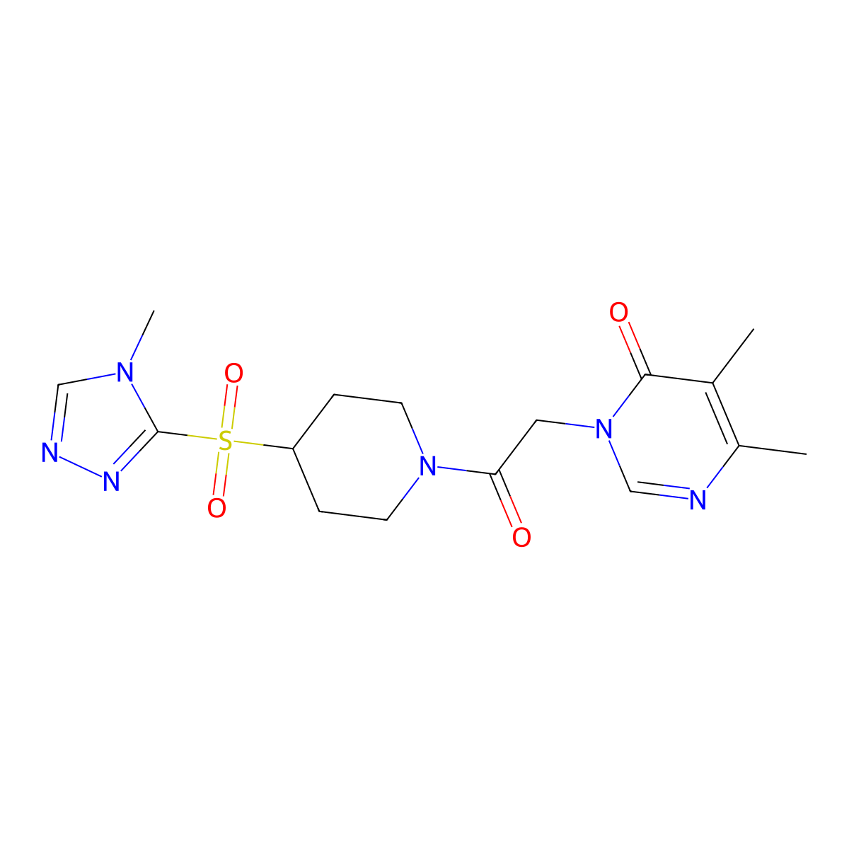 5,6-dimethyl-3-(2-(4-((4-methyl-4H-1,2,4-triazol-3-yl)sulfonyl)piperidin-1-yl)-2-oxoethyl)pyrimidin-4(3H)-one molecular structure, CAS 1448137-12-9