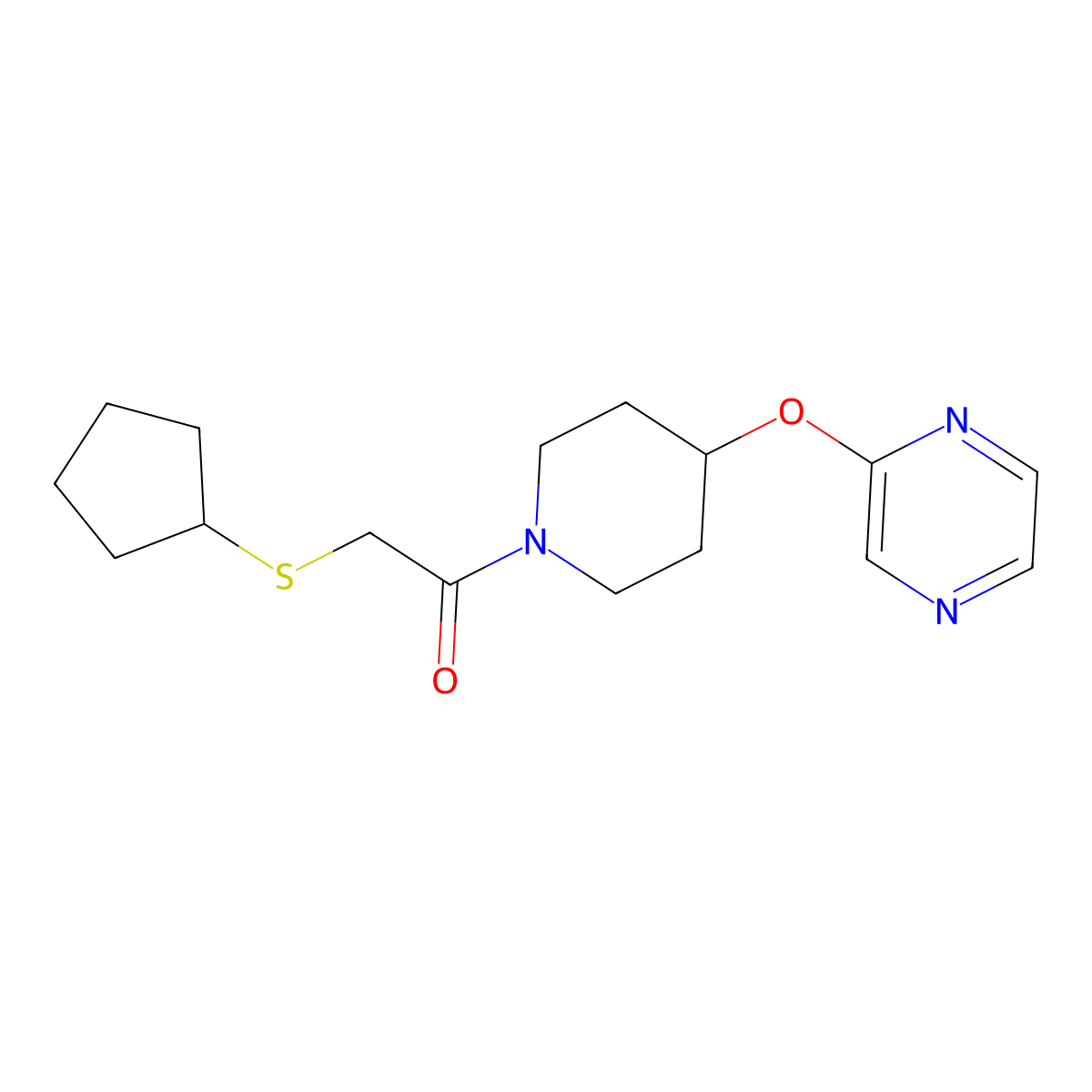 2-(Cyclopentylthio)-1-(4-(pyrazin-2-yloxy)piperidin-1-yl)ethanone molecular structure, CAS 1448137-19-6