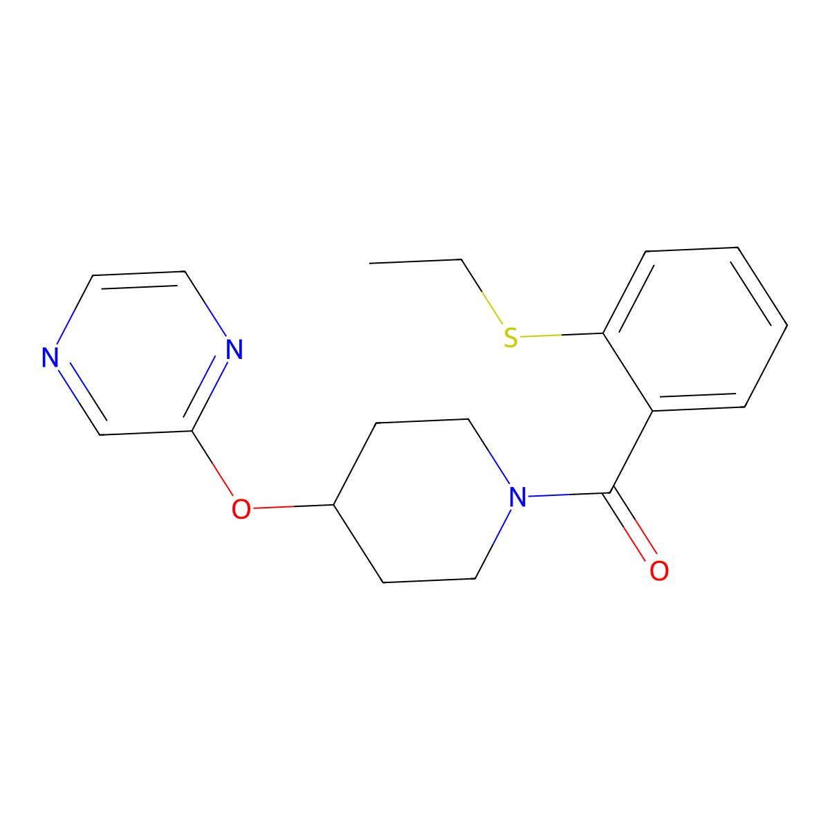 (2-(Ethylthio)phenyl)(4-(pyrazin-2-yloxy)piperidin-1-yl)methanone molecular structure, CAS 1448137-24-3
