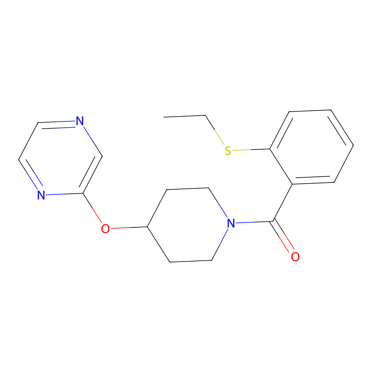 (2-(Ethylthio)phenyl)(4-(pyrazin-2-yloxy)piperidin-1-yl)methanone molecular structure, CAS 1448137-24-3