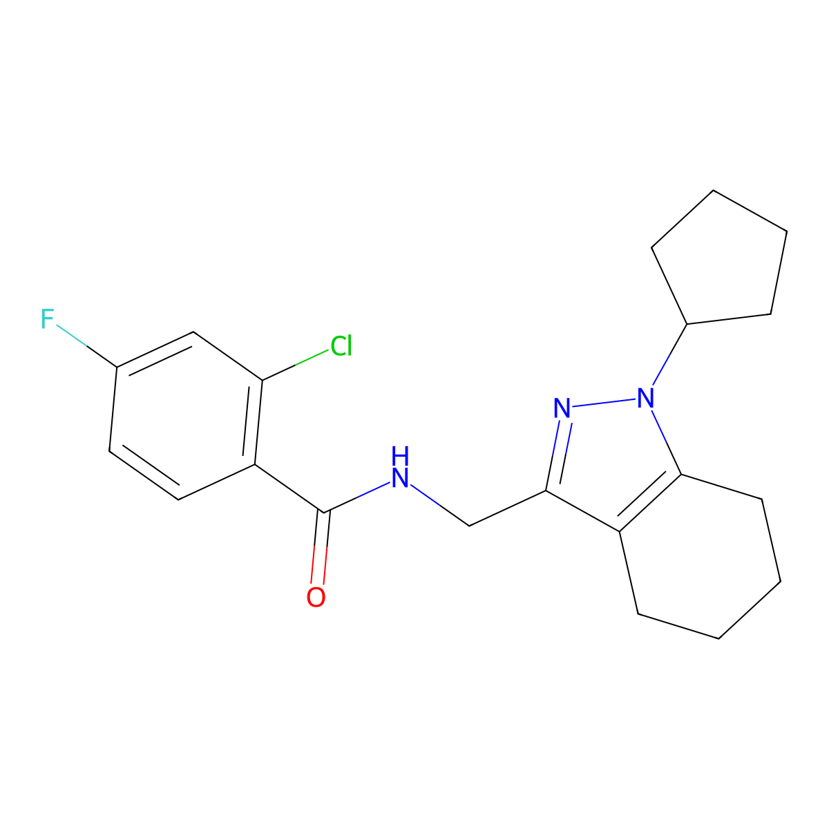 2-chloro-N-[(1-cyclopentyl-4,5,6,7-tetrahydro-1H-indazol-3-yl)methyl]-4-fluorobenzamide molecular structure, CAS 1448137-50-5